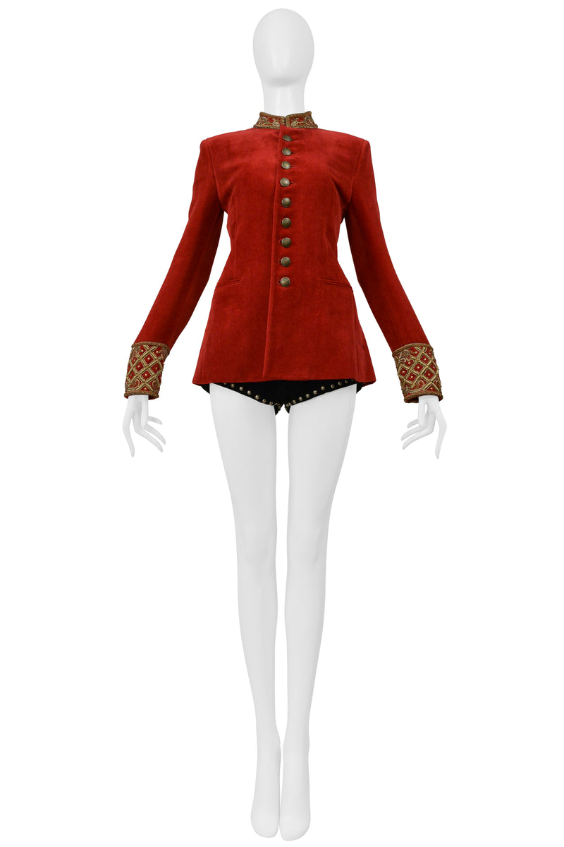 SAINT LAURENT PARIS RED VELVET JACKET AND BLACK CORDUROY STAR SHORTS ENSEMBLE 2018