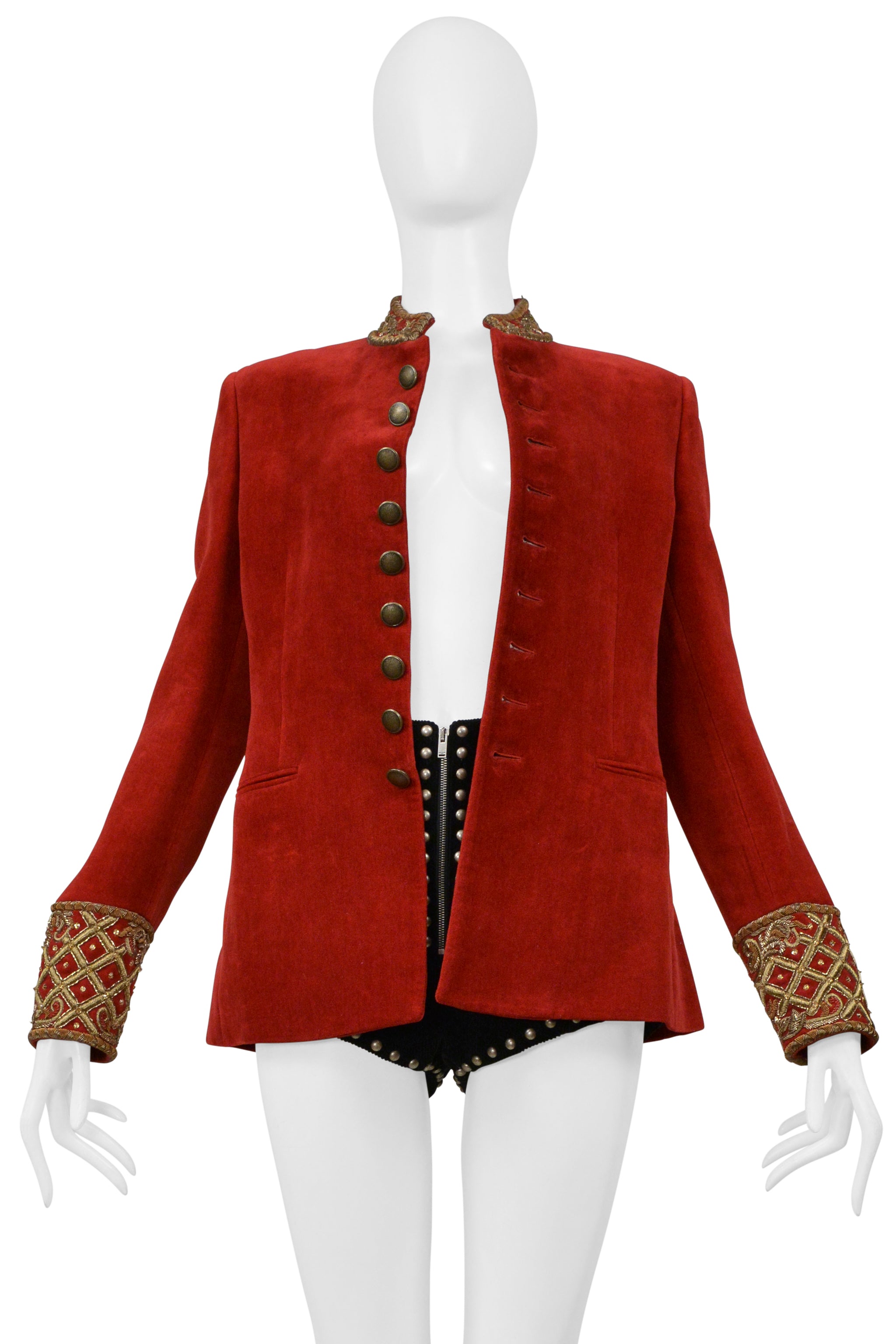 SAINT LAURENT PARIS RED VELVET JACKET AND BLACK CORDUROY STAR SHORTS ENSEMBLE 2018