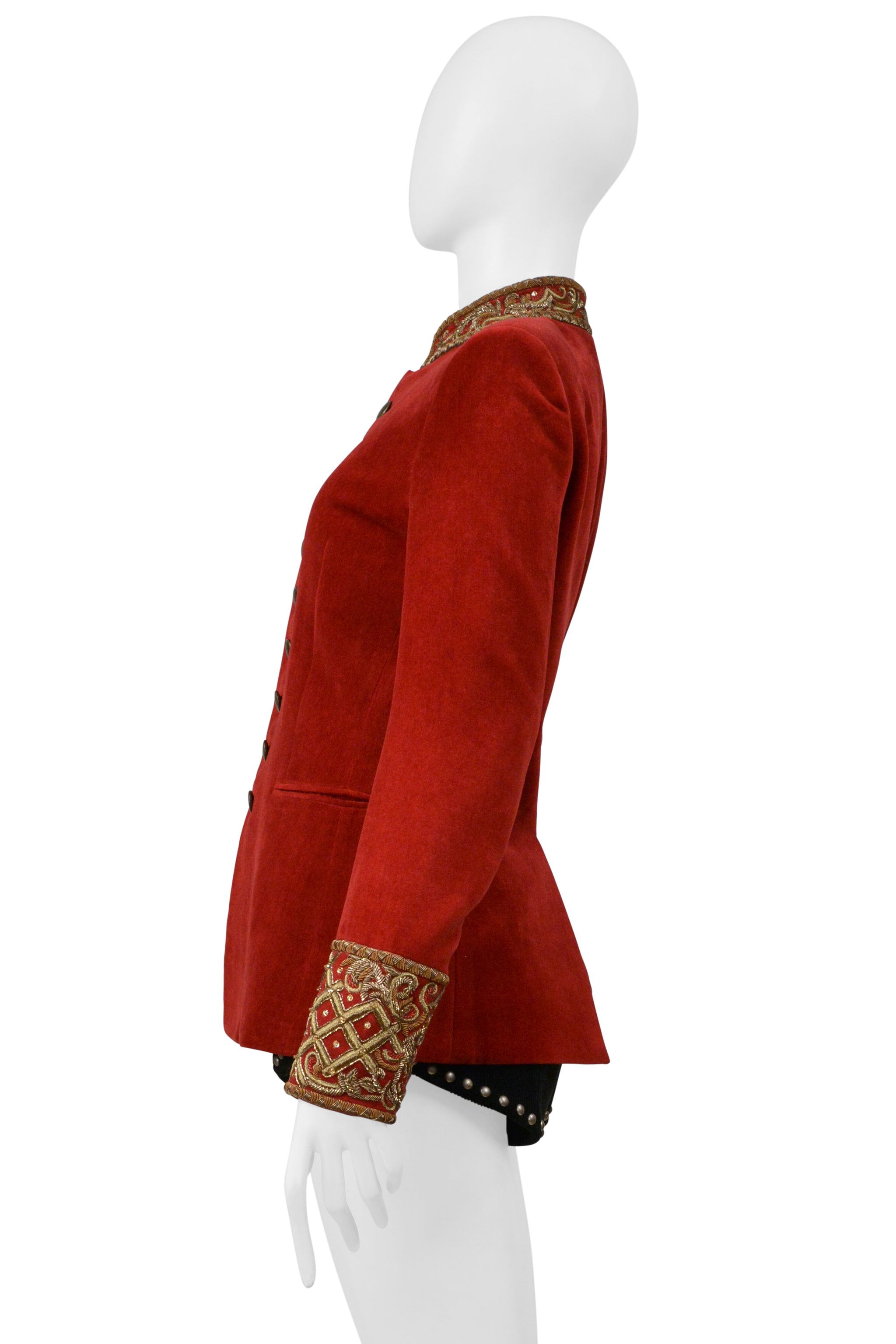 SAINT LAURENT PARIS RED VELVET JACKET AND BLACK CORDUROY STAR SHORTS ENSEMBLE 2018