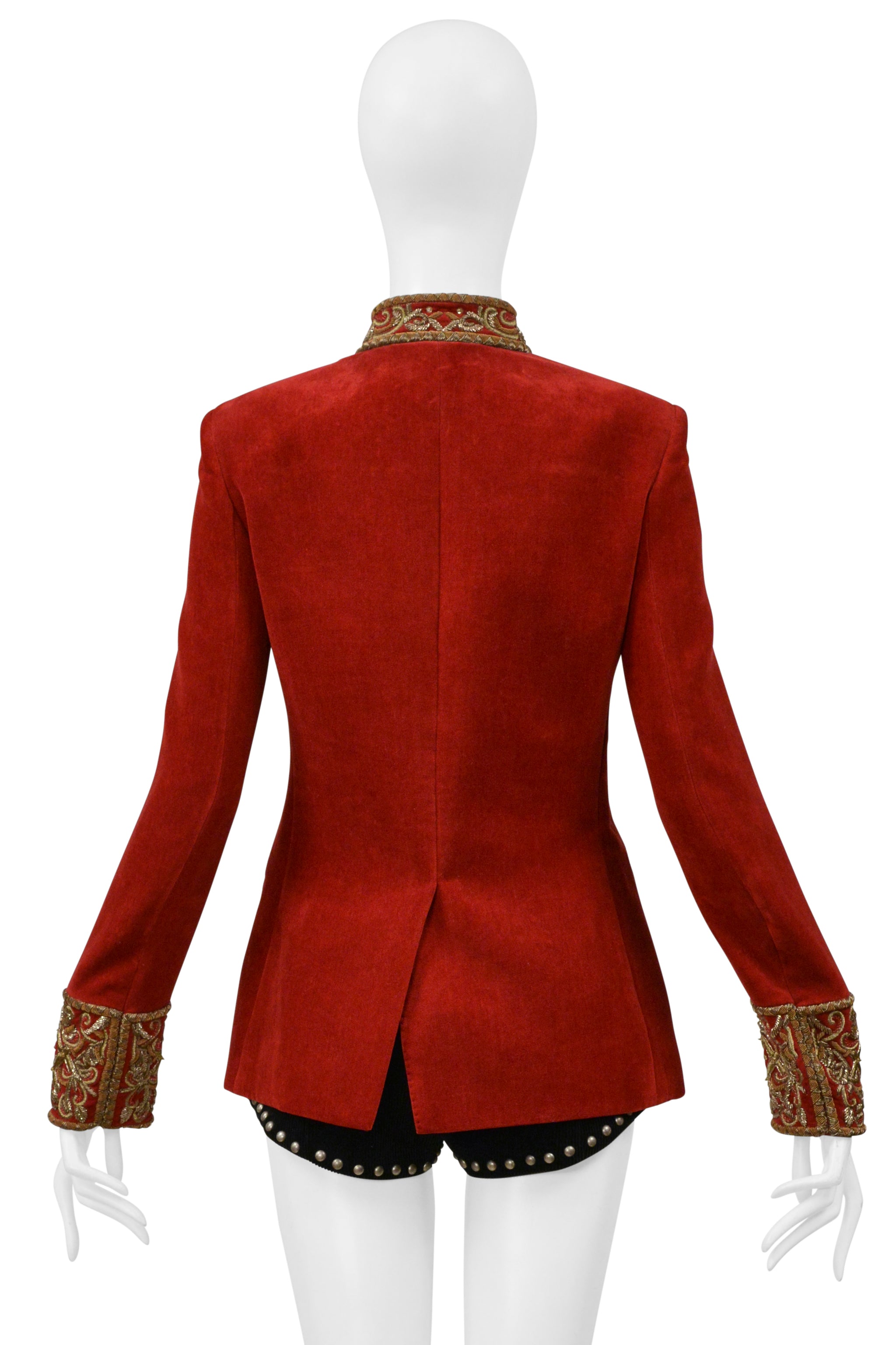 SAINT LAURENT PARIS RED VELVET JACKET AND BLACK CORDUROY STAR SHORTS ENSEMBLE 2018