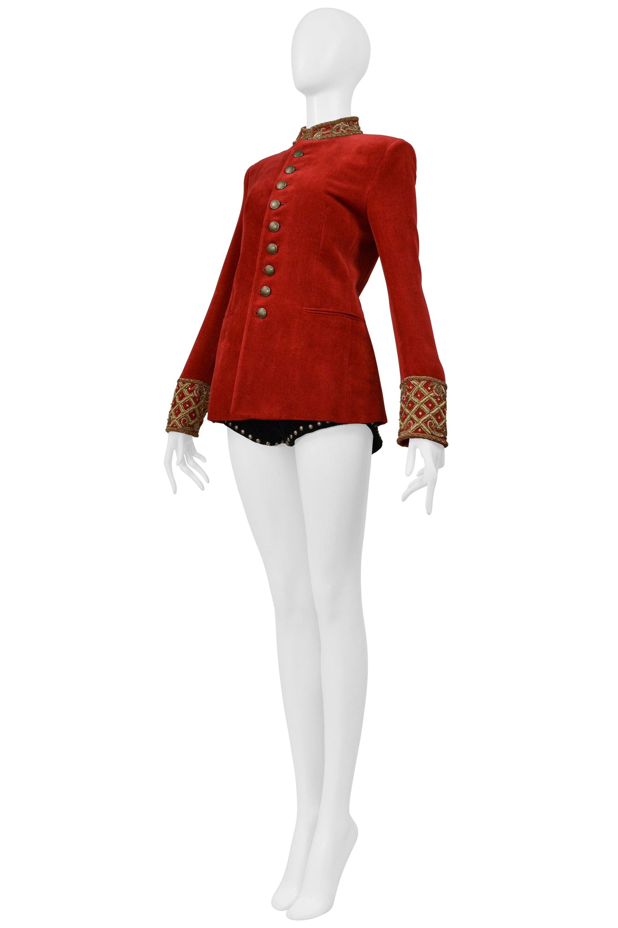 SAINT LAURENT PARIS RED VELVET JACKET AND BLACK CORDUROY STAR SHORTS ENSEMBLE 2018