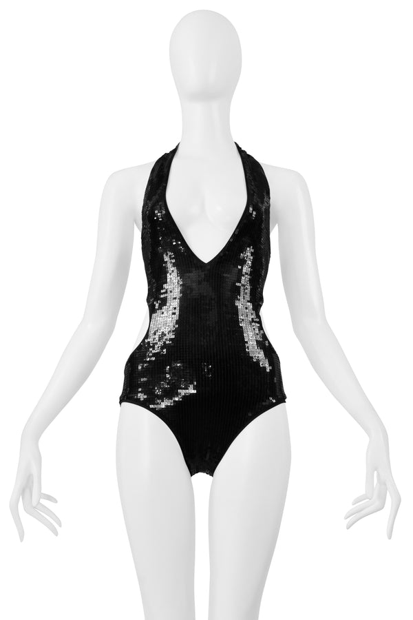 SAINT LAURENT PARIS BLACK SEQUIN CUTOUT BODYSUIT 2019