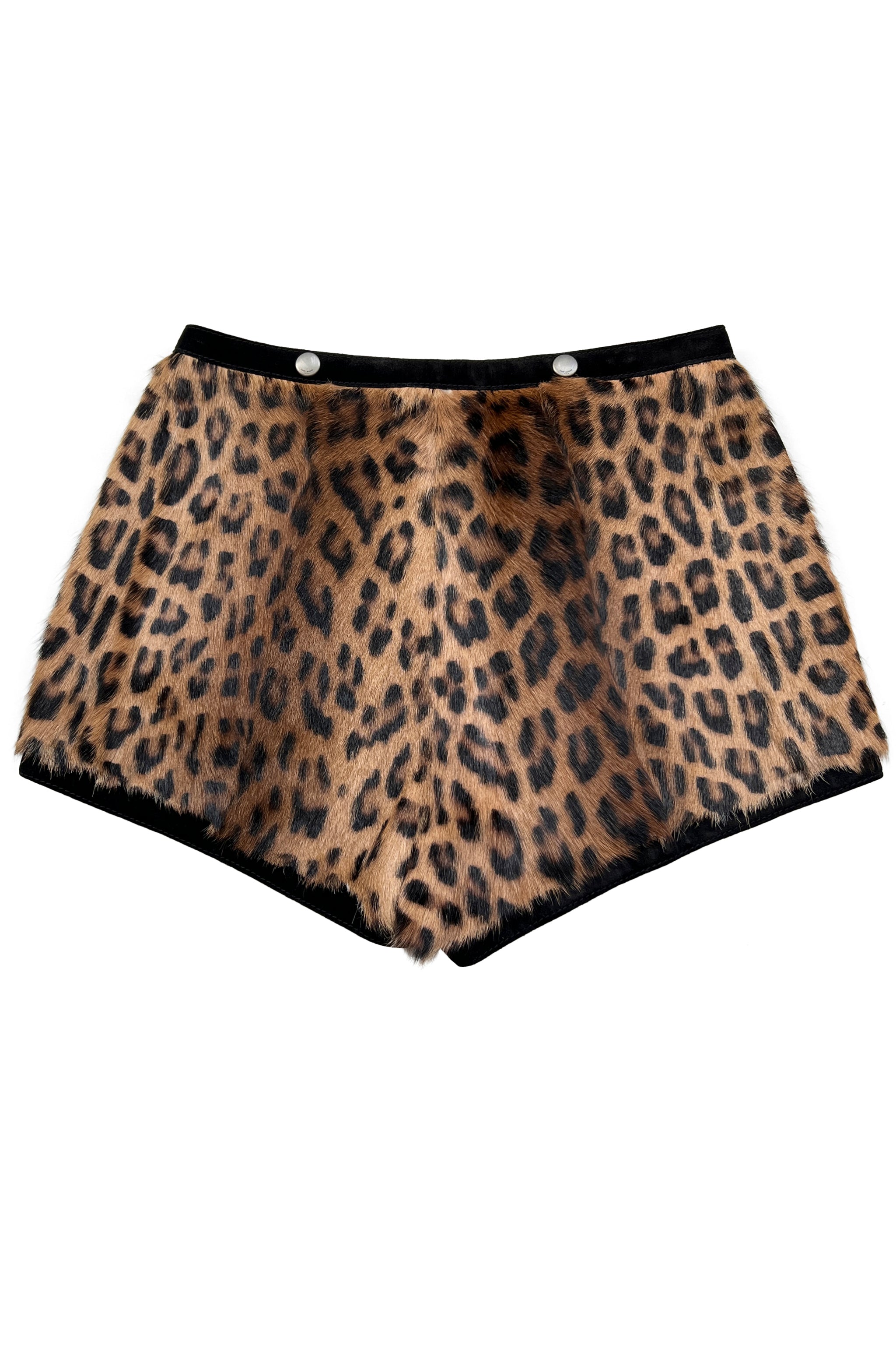 SAINT LAURENT PARIS LEOPARD PRINT PONY HAIR SHORTS WITH SUEDE TRIM 2019