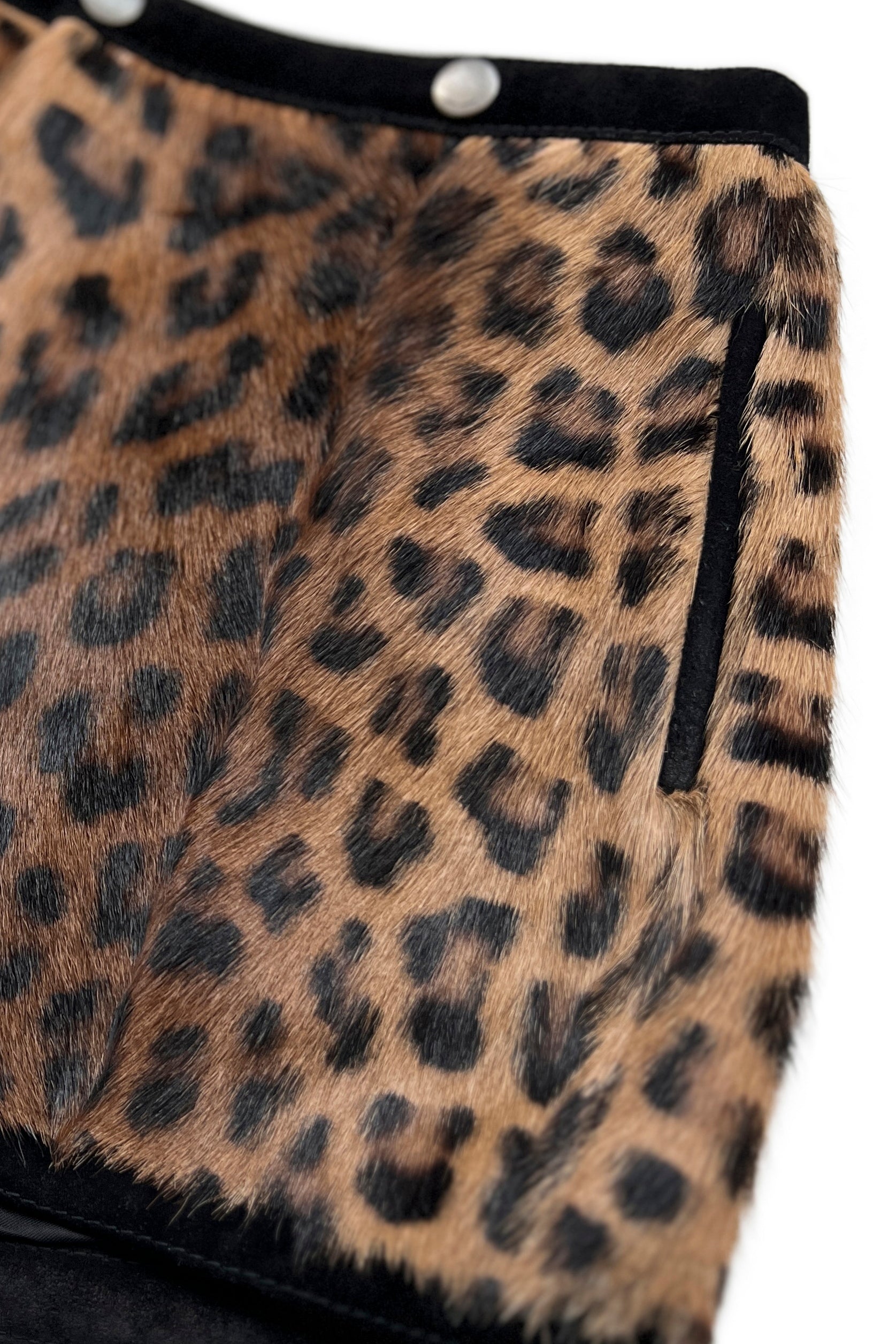 SAINT LAURENT PARIS LEOPARD PRINT PONY HAIR SHORTS WITH SUEDE TRIM 2019