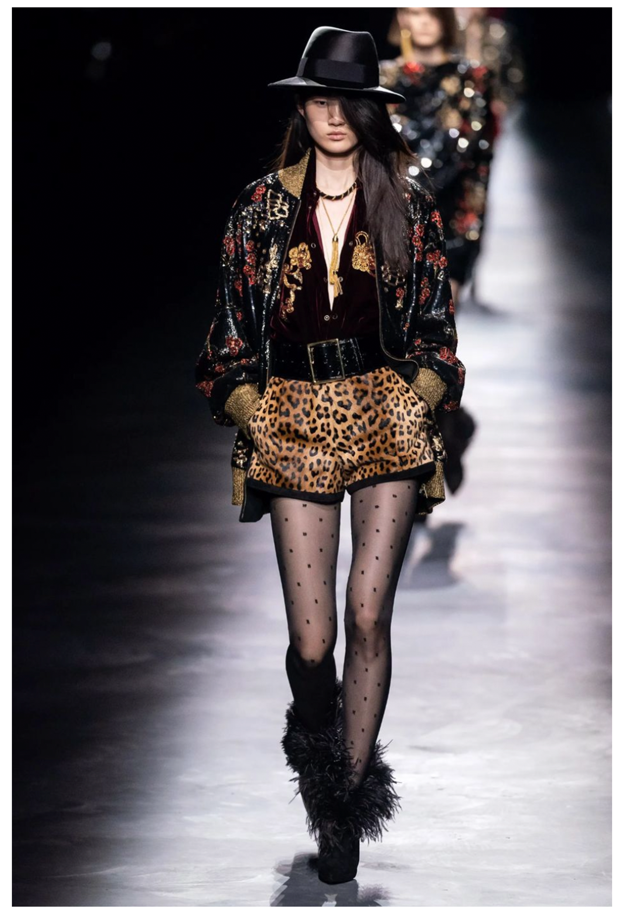 SAINT LAURENT PARIS LEOPARD PRINT PONY HAIR SHORTS WITH SUEDE TRIM 2019