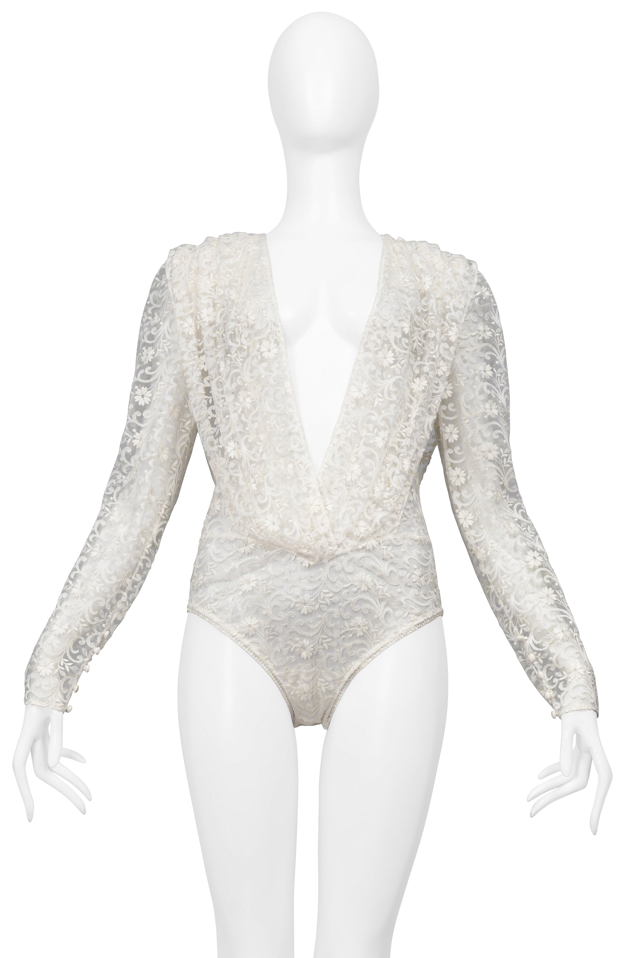 SAINT LAURENT PARIS WHITE LACE BODYSUIT WITH DEEP V NECK 2020