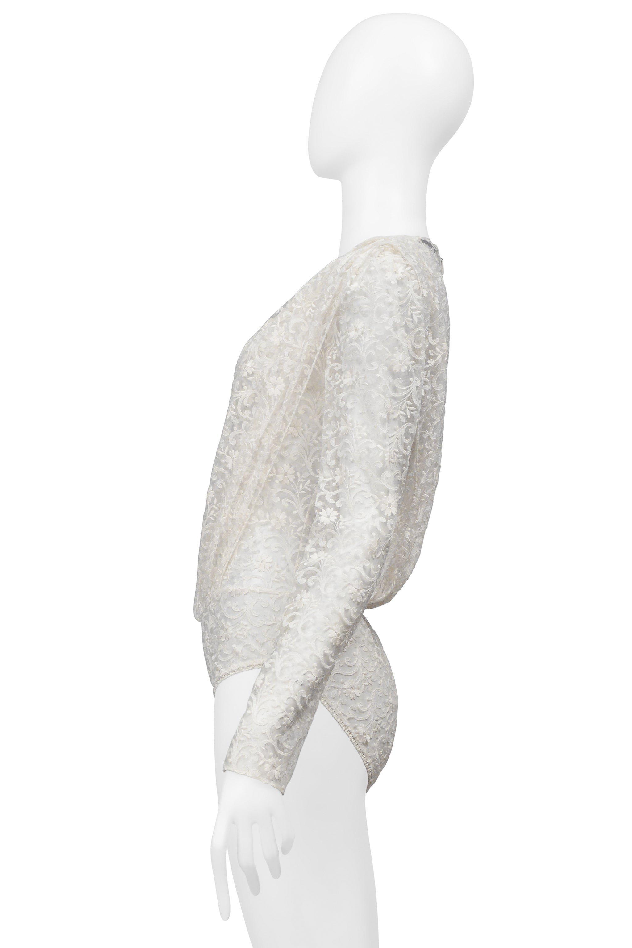 SAINT LAURENT PARIS WHITE LACE BODYSUIT WITH DEEP V NECK 2020