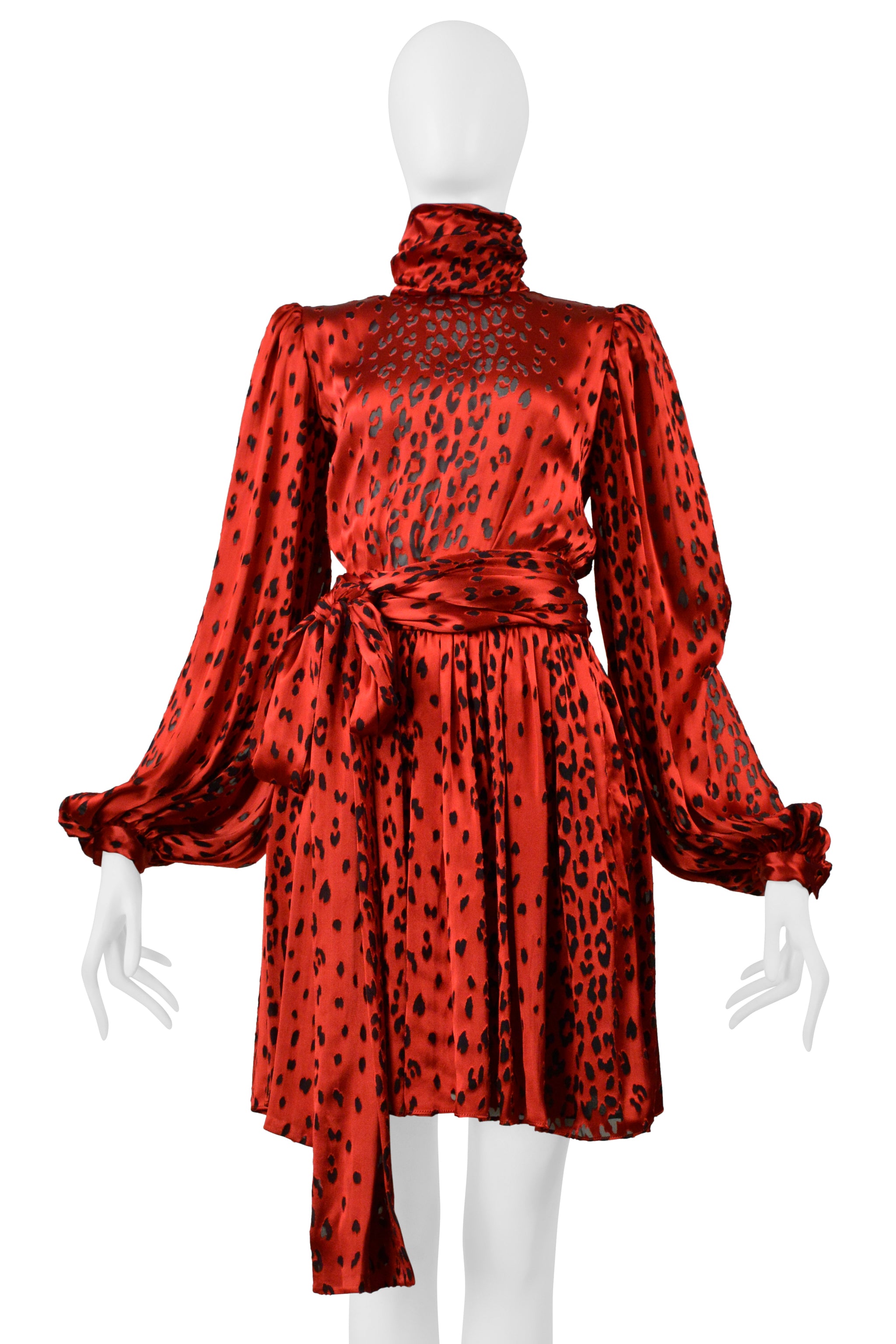 SAINT LAURENT PARIS RED SILK DRESS WITH LEOPARD PRINT 2021
