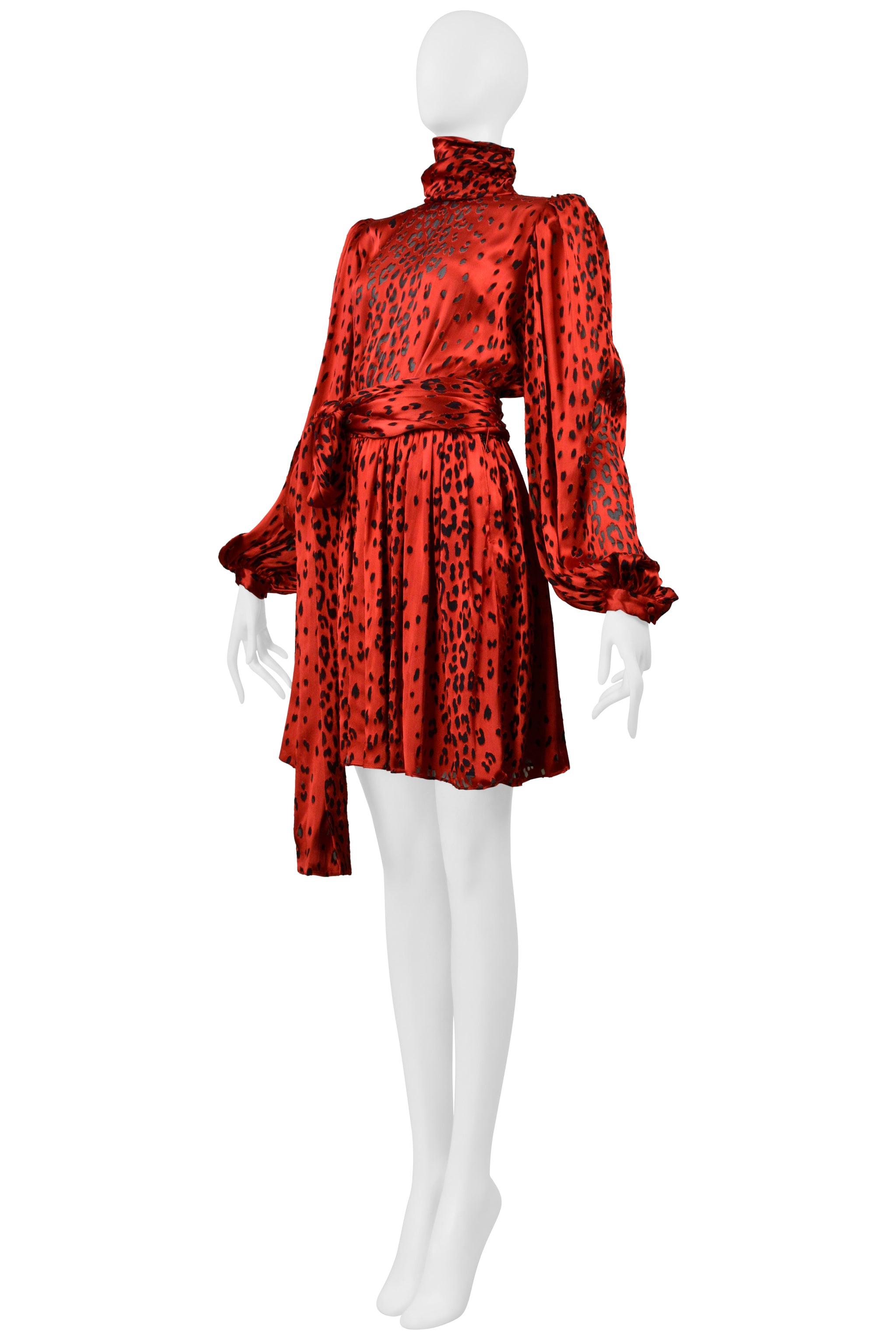 SAINT LAURENT PARIS RED SILK DRESS WITH LEOPARD PRINT 2021