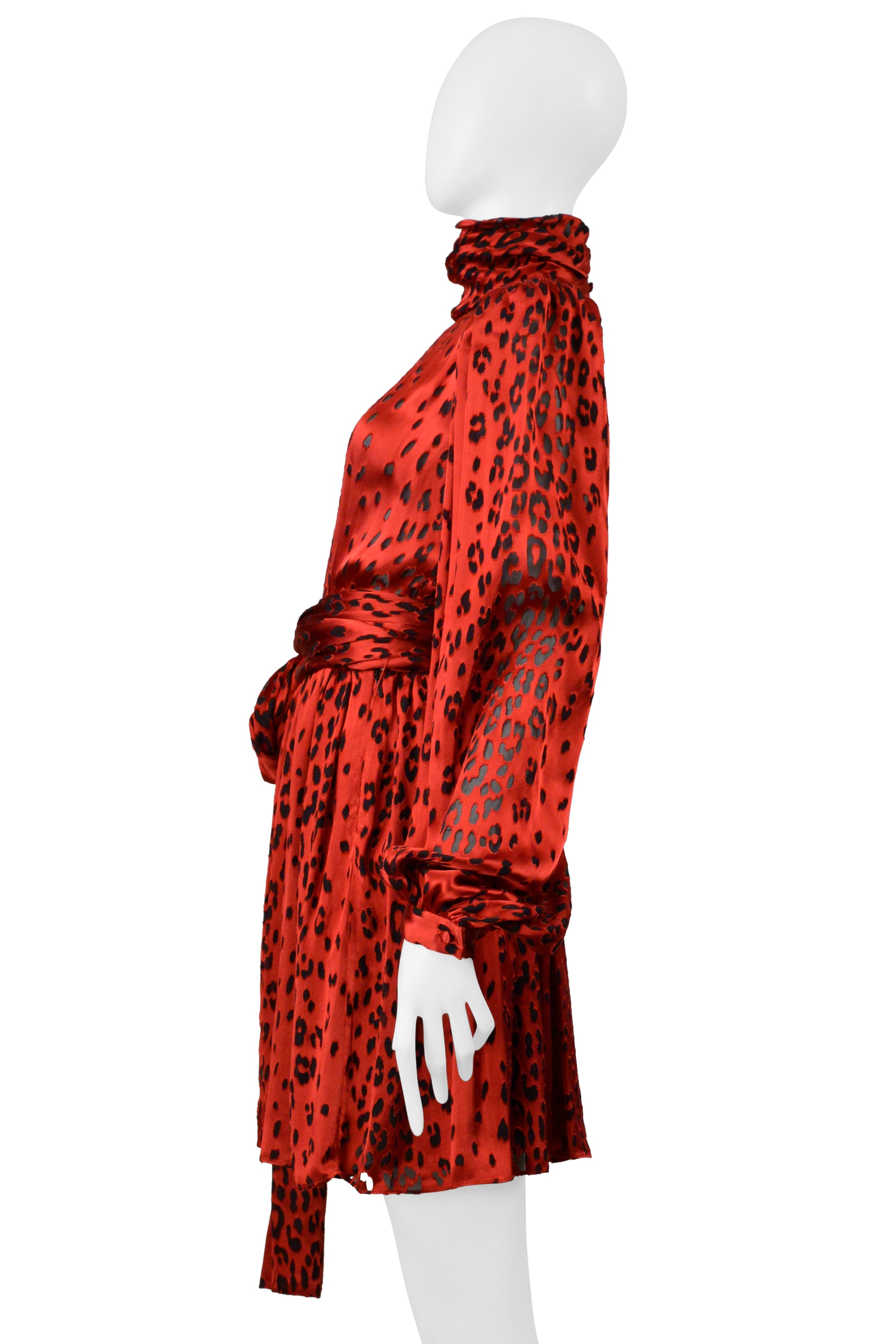 SAINT LAURENT PARIS RED SILK DRESS WITH LEOPARD PRINT 2021
