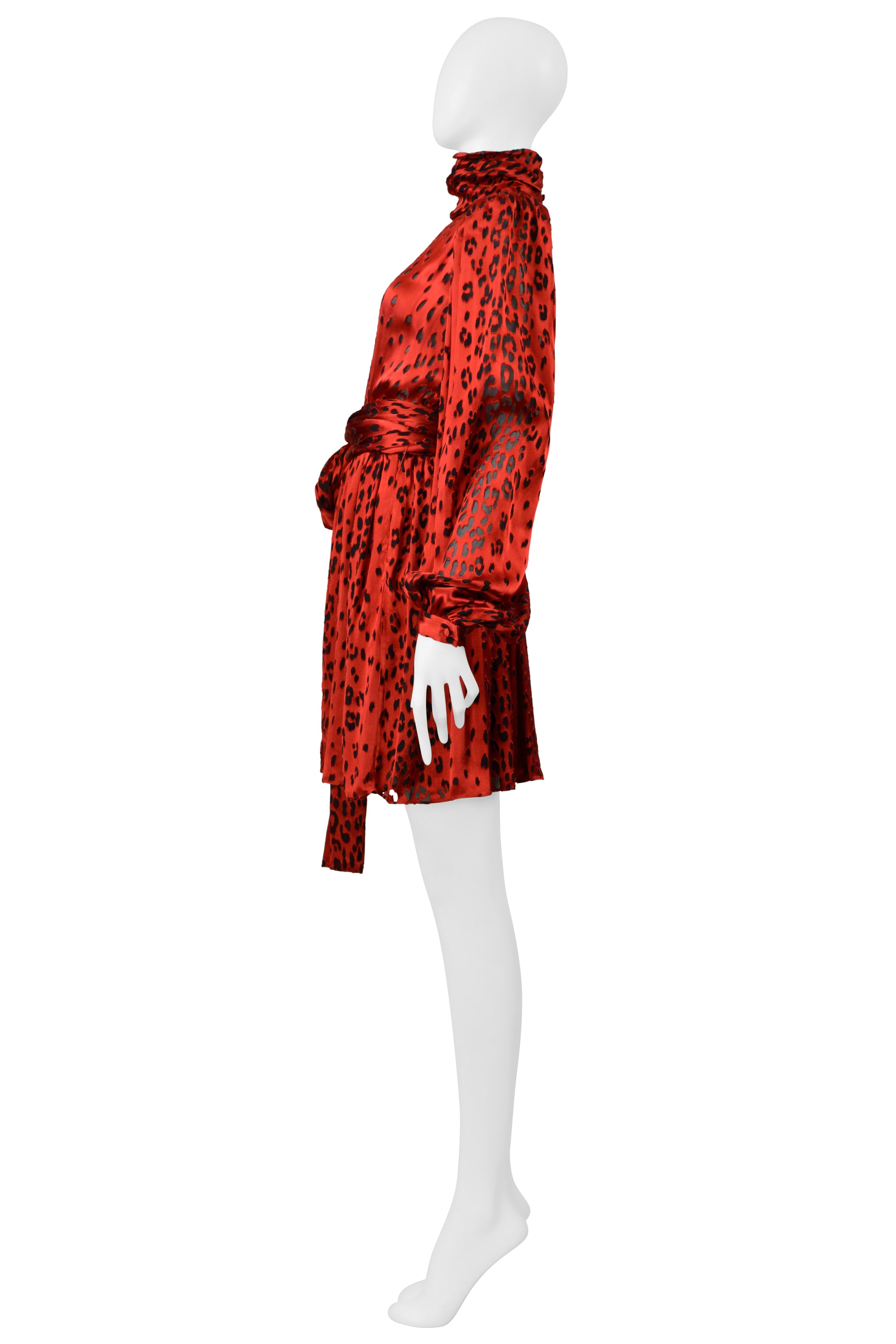 SAINT LAURENT PARIS RED SILK DRESS WITH LEOPARD PRINT 2021