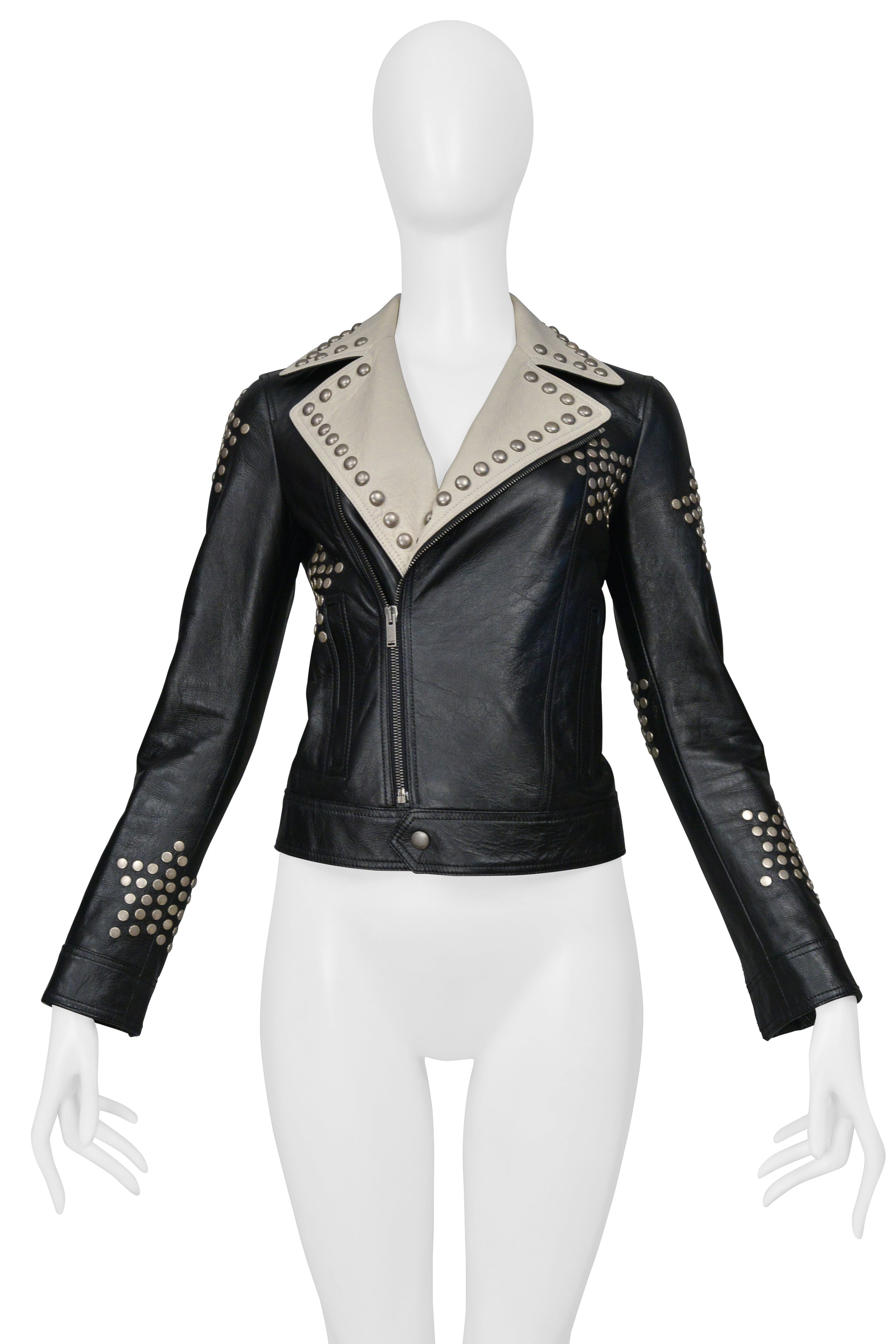 SAINT LAURENT PARIS BLACK AND WHITE LEATHER JACKET WITH STUDS