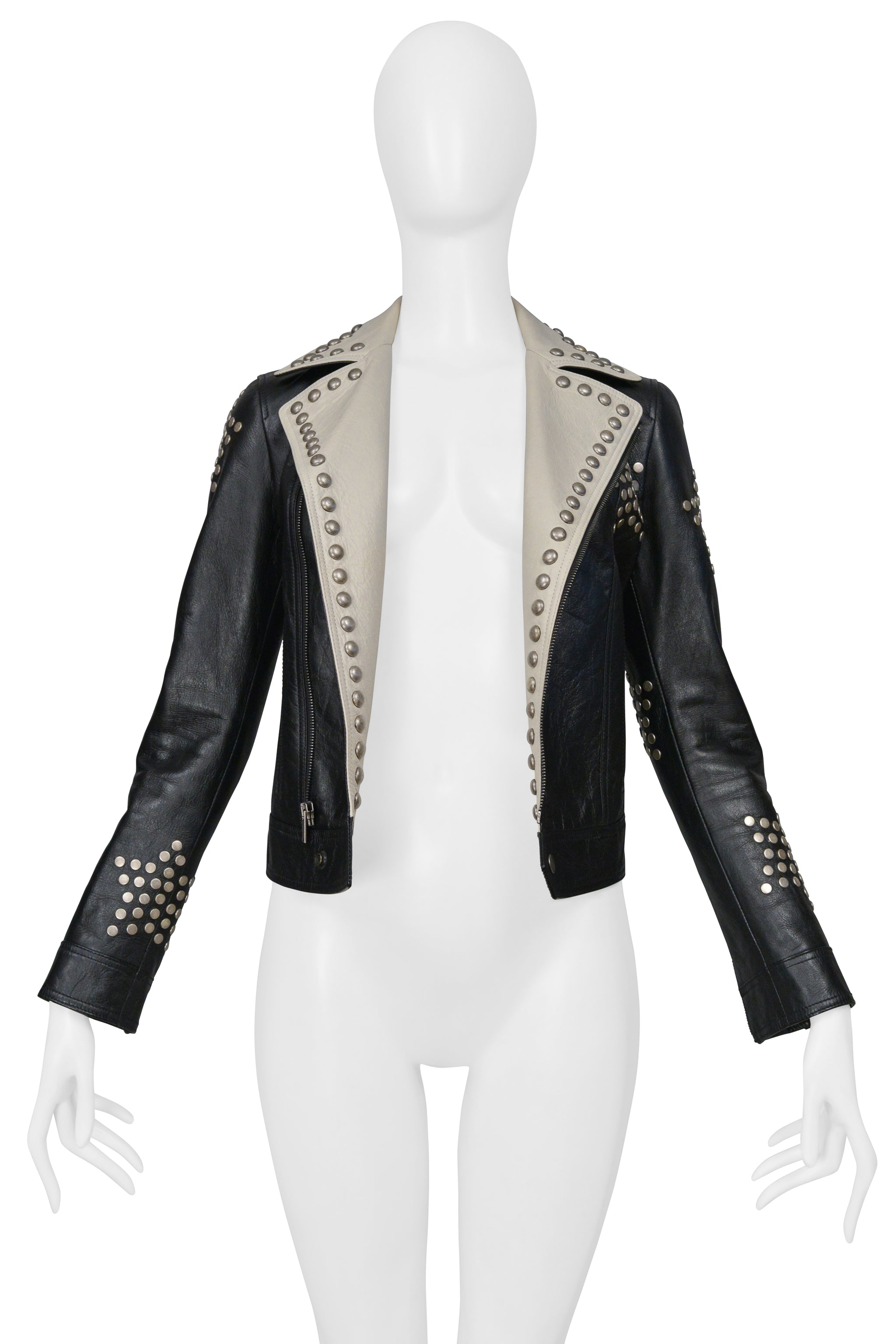 SAINT LAURENT PARIS BLACK AND WHITE LEATHER JACKET WITH STUDS