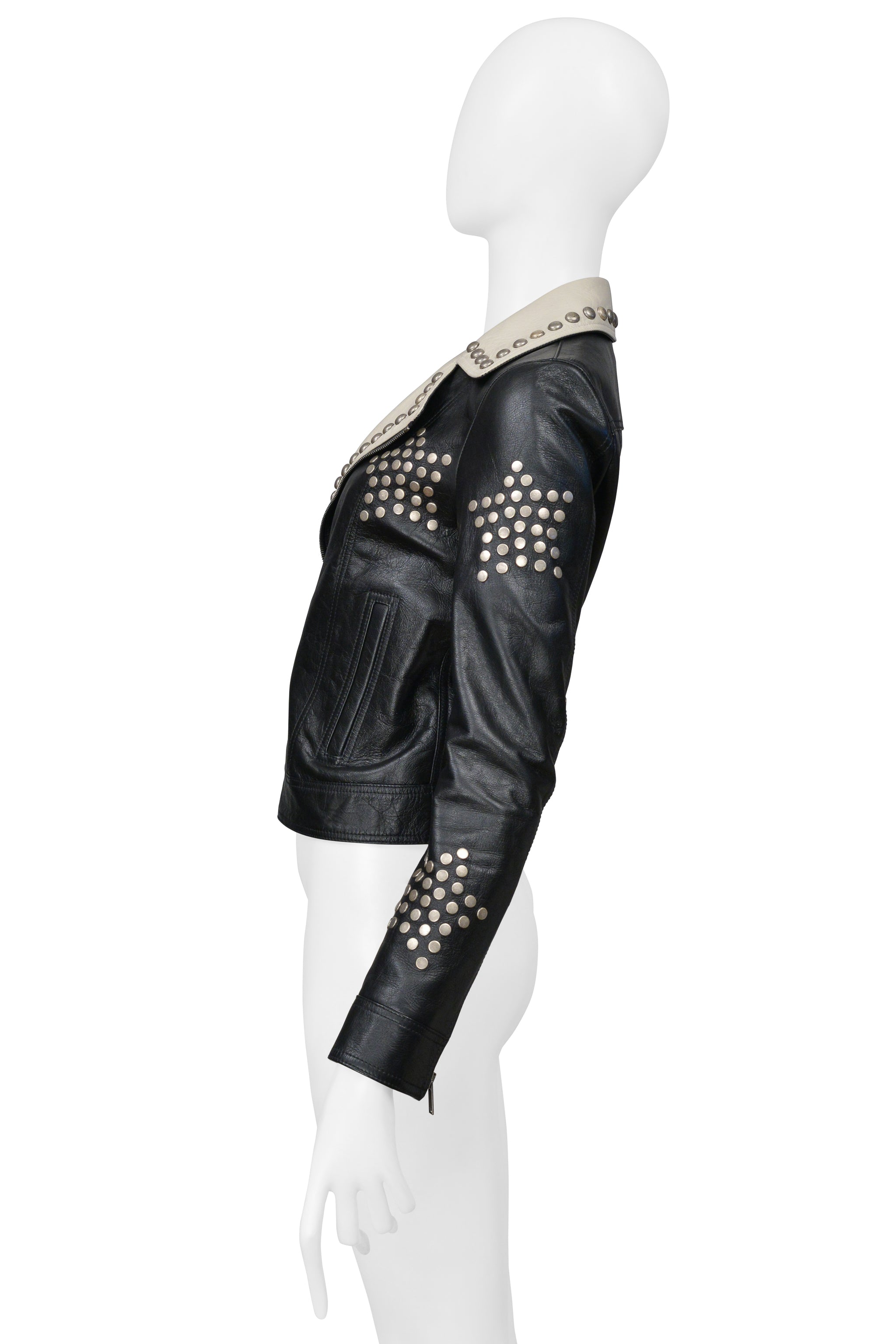 SAINT LAURENT PARIS BLACK AND WHITE LEATHER JACKET WITH STUDS