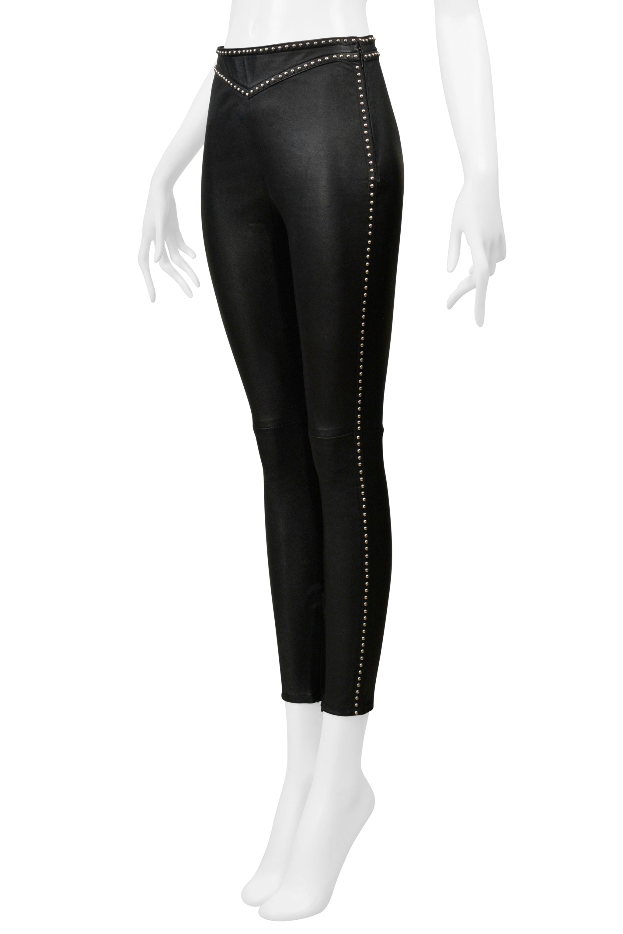 SAINT LAURENT PARIS BLACK LEATHER ROCK-N-ROLL PANTS WITH STUDS