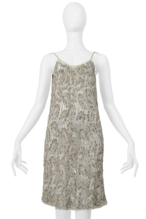 SAINT LAURENT PARIS BY HEDI SLIMANE FLORAL LACE SLIP DRESS WITH SILVER BEADING 2016