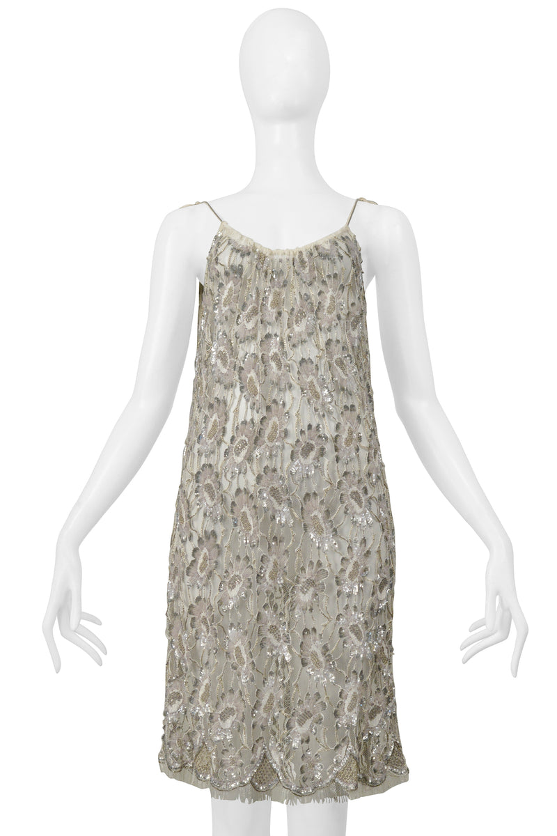 SAINT LAURENT PARIS BY HEDI SLIMANE FLORAL LACE SLIP DRESS WITH SILVER BEADING 2016