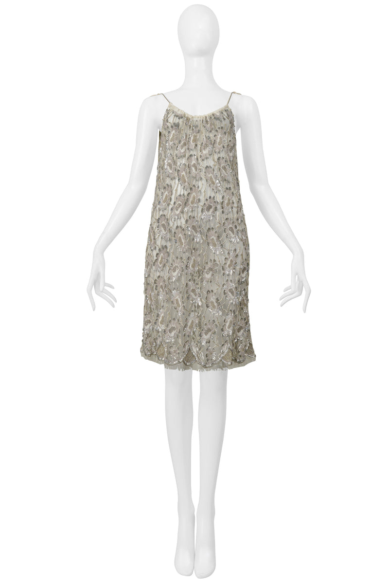 SAINT LAURENT PARIS BY HEDI SLIMANE FLORAL LACE SLIP DRESS WITH SILVER BEADING 2016