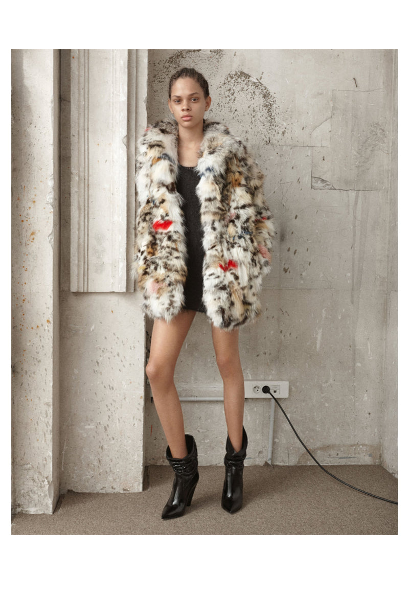 SAINT LAURENT PARIS WHITE & MULTICOLOR STENCILED FOX FUR CHUBBY COAT 2017