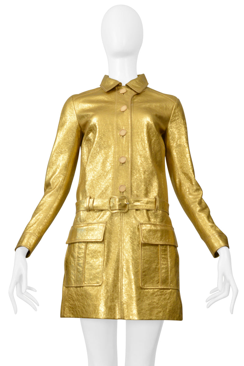 SAINT LAURENT PARIS BY HEDI SLIMANE GOLD LEATHER MOTO MINI DRESS 2014