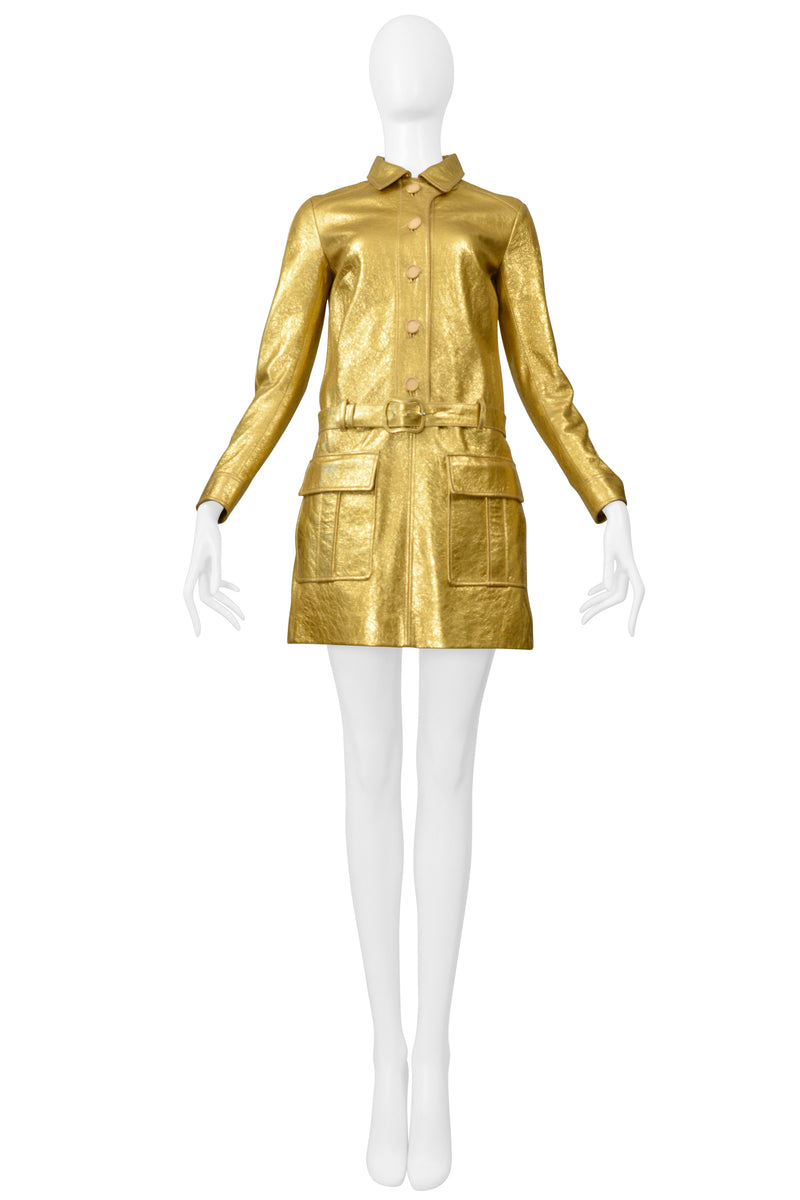 SAINT LAURENT PARIS BY HEDI SLIMANE GOLD LEATHER MOTO MINI DRESS 2014