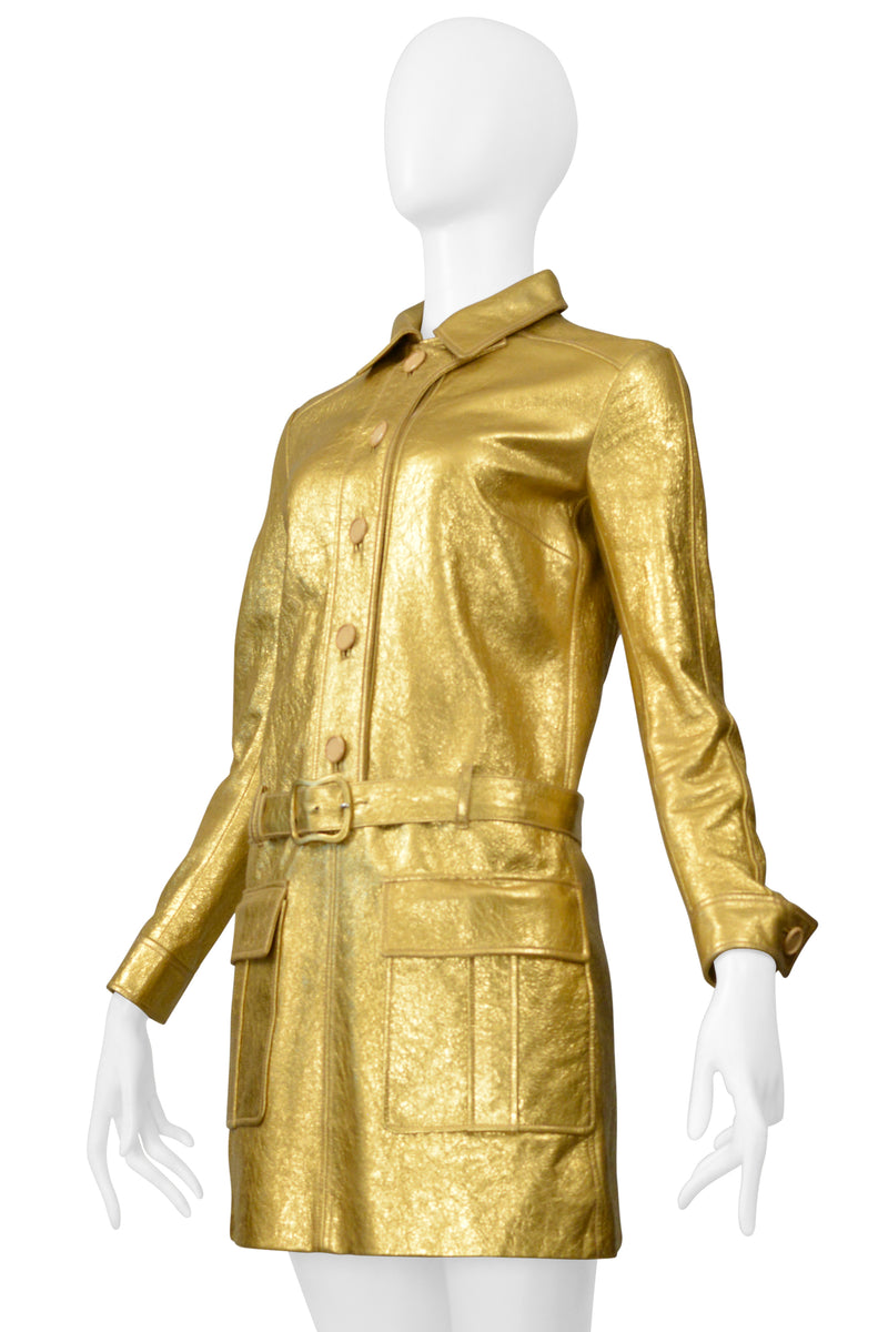 SAINT LAURENT PARIS BY HEDI SLIMANE GOLD LEATHER MOTO MINI DRESS 2014