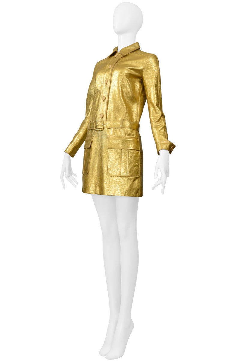 SAINT LAURENT PARIS BY HEDI SLIMANE GOLD LEATHER MOTO MINI DRESS 2014