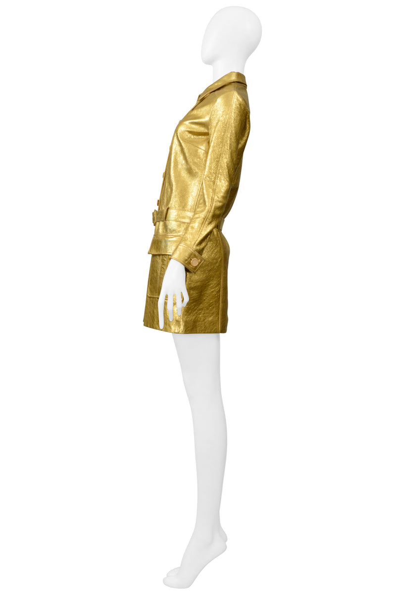 SAINT LAURENT PARIS BY HEDI SLIMANE GOLD LEATHER MOTO MINI DRESS 2014