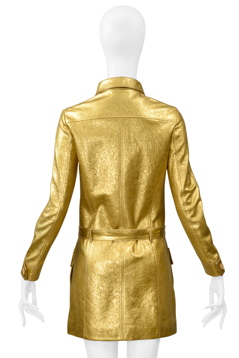 SAINT LAURENT PARIS BY HEDI SLIMANE GOLD LEATHER MOTO MINI DRESS 2014