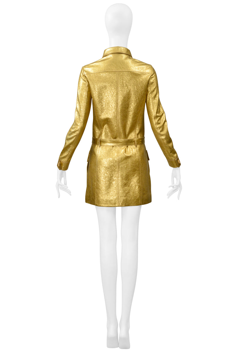 SAINT LAURENT PARIS BY HEDI SLIMANE GOLD LEATHER MOTO MINI DRESS 2014