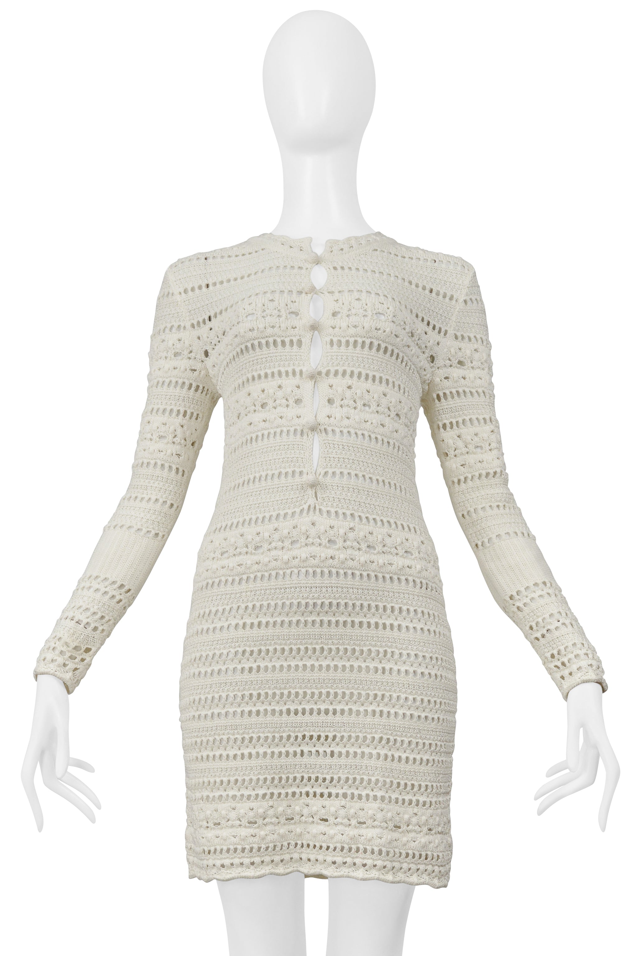 SAINT LAURENT PARIS OFF- WHITE CROCHET KNIT DRESS