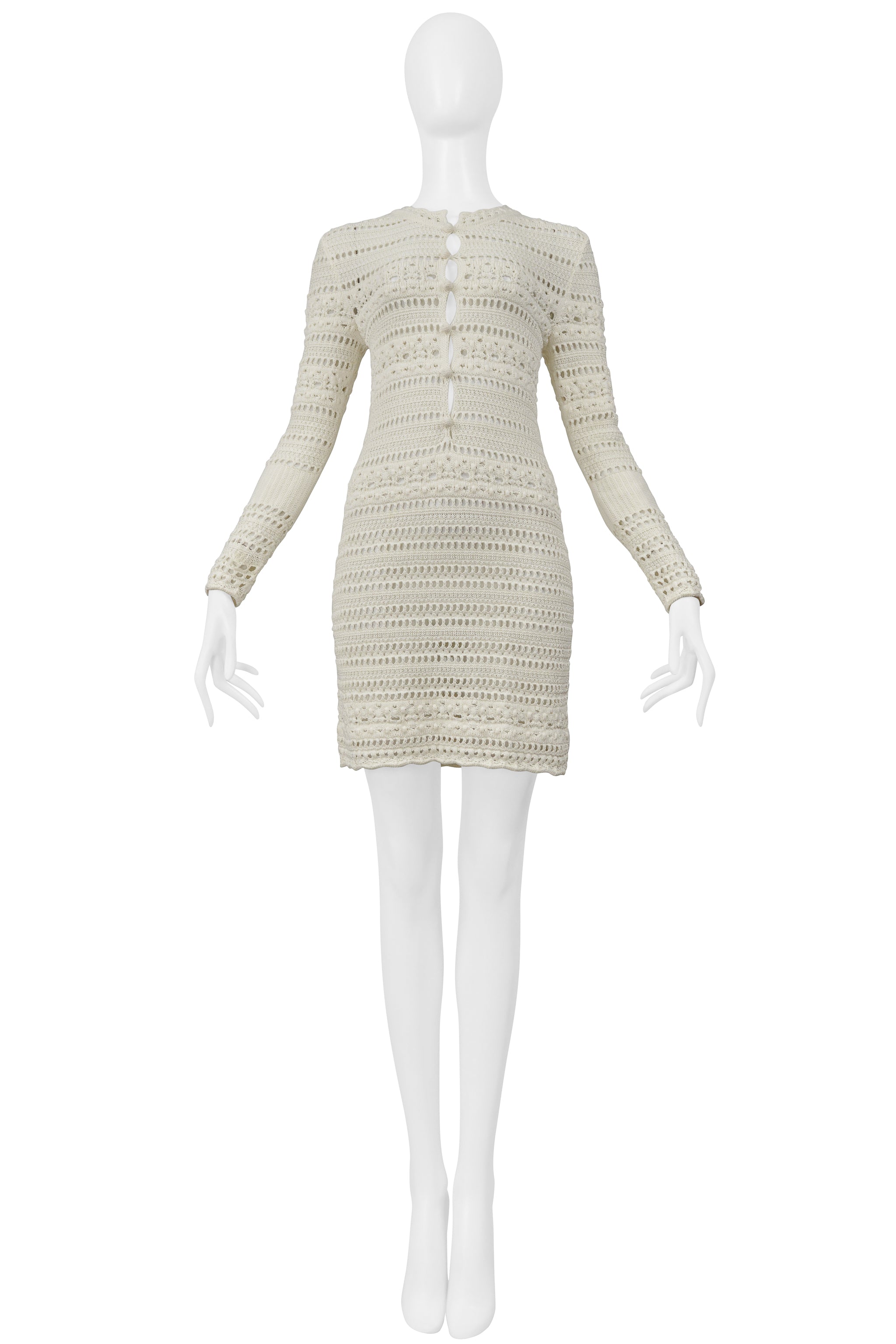 SAINT LAURENT PARIS OFF- WHITE CROCHET KNIT DRESS