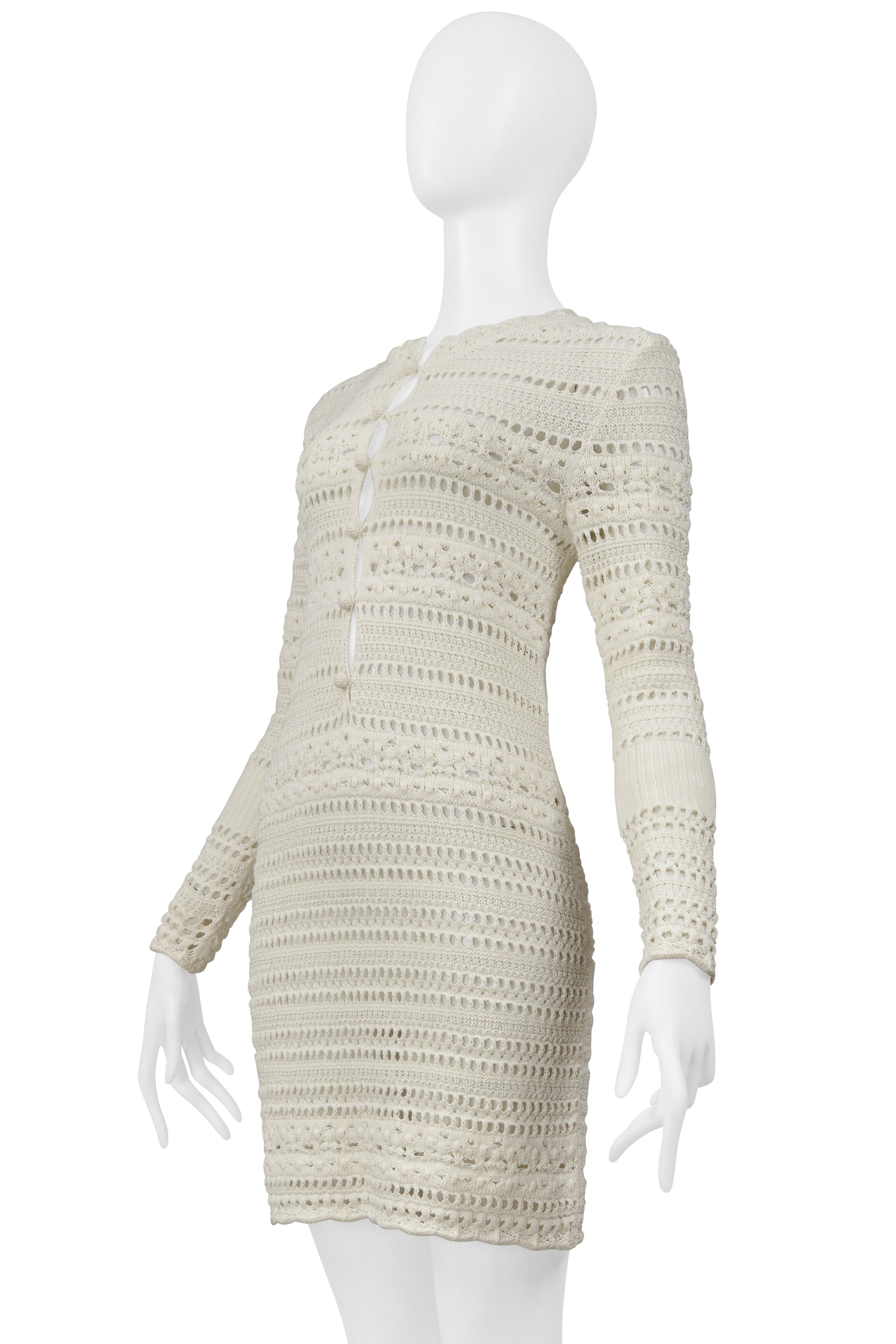 SAINT LAURENT PARIS OFF- WHITE CROCHET KNIT DRESS