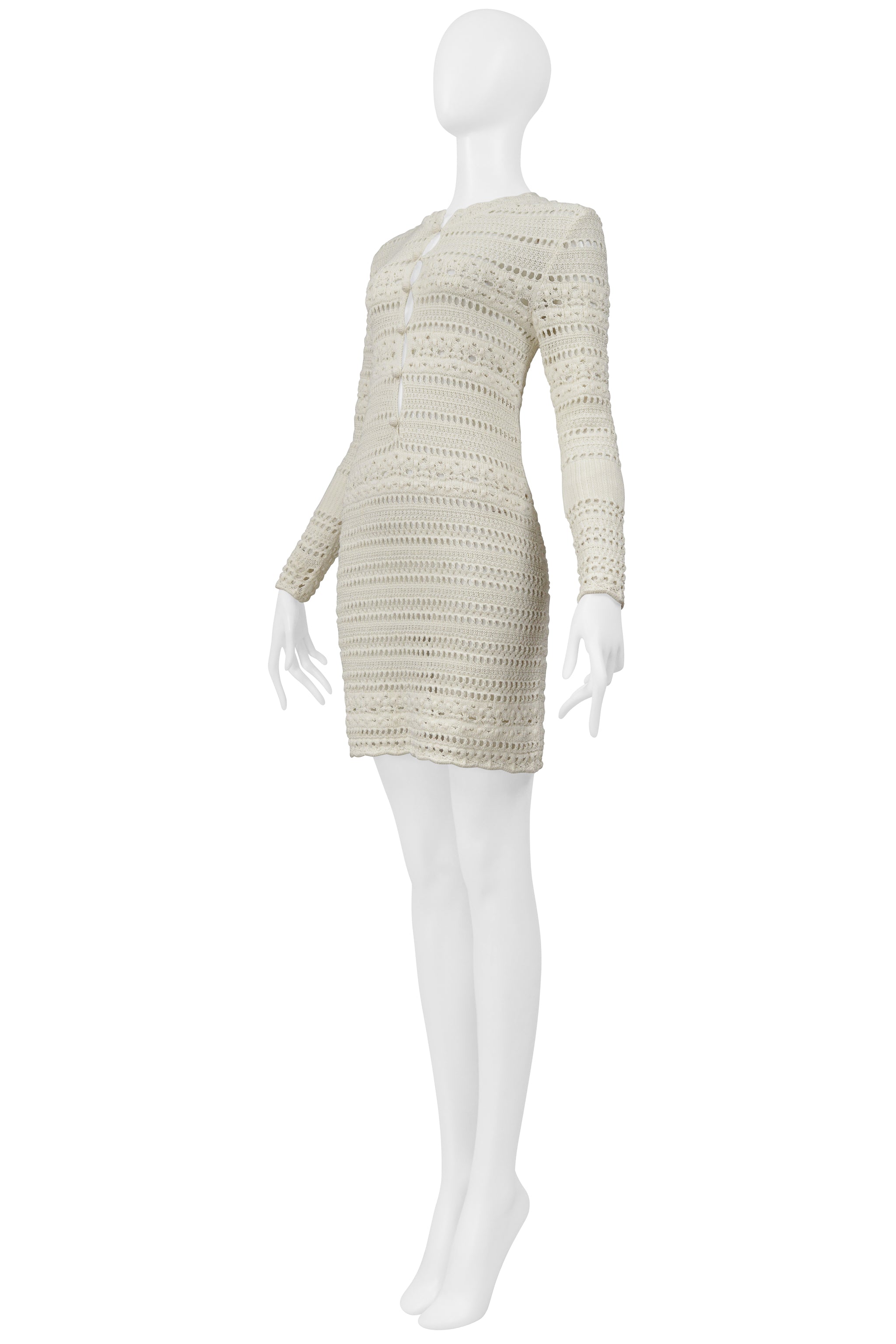 SAINT LAURENT PARIS OFF- WHITE CROCHET KNIT DRESS
