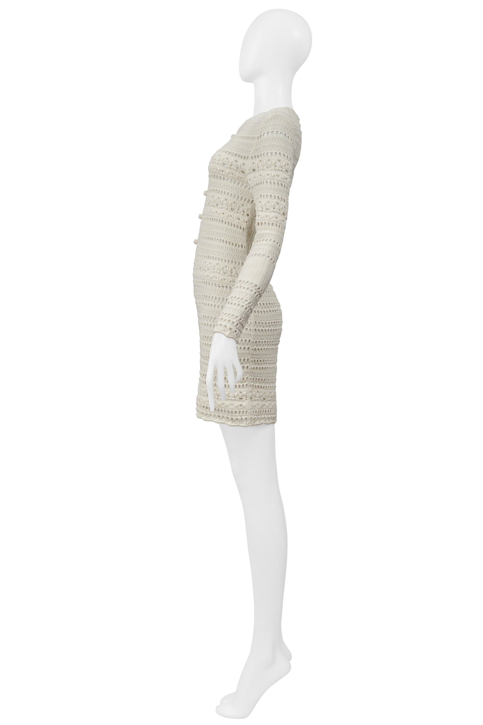 SAINT LAURENT PARIS OFF- WHITE CROCHET KNIT DRESS