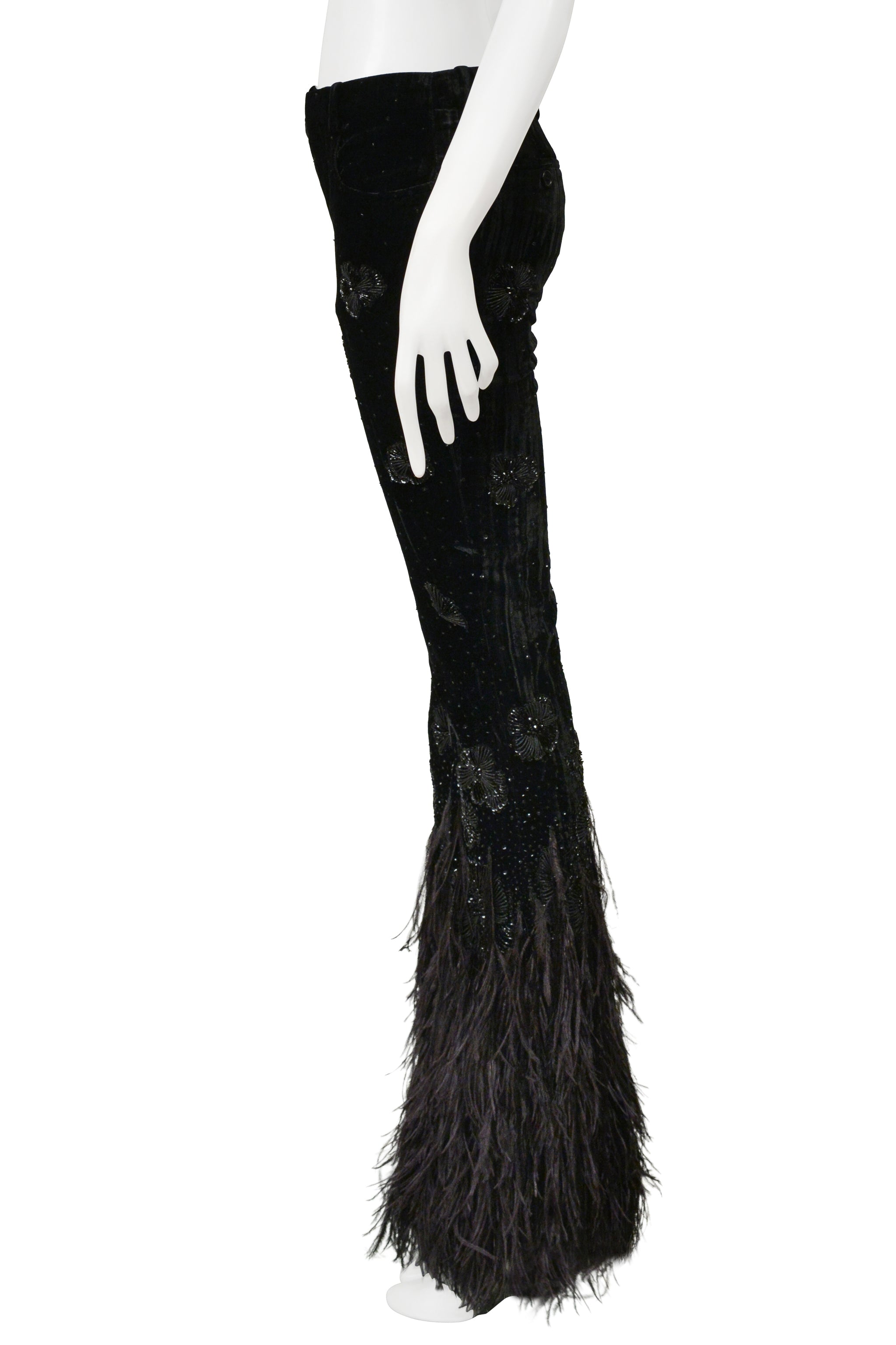 SAINT LAURENT PARIS BLACK VELVET AND FEATHER FLARE PANTS WITH INTRICATE BEADING 2022