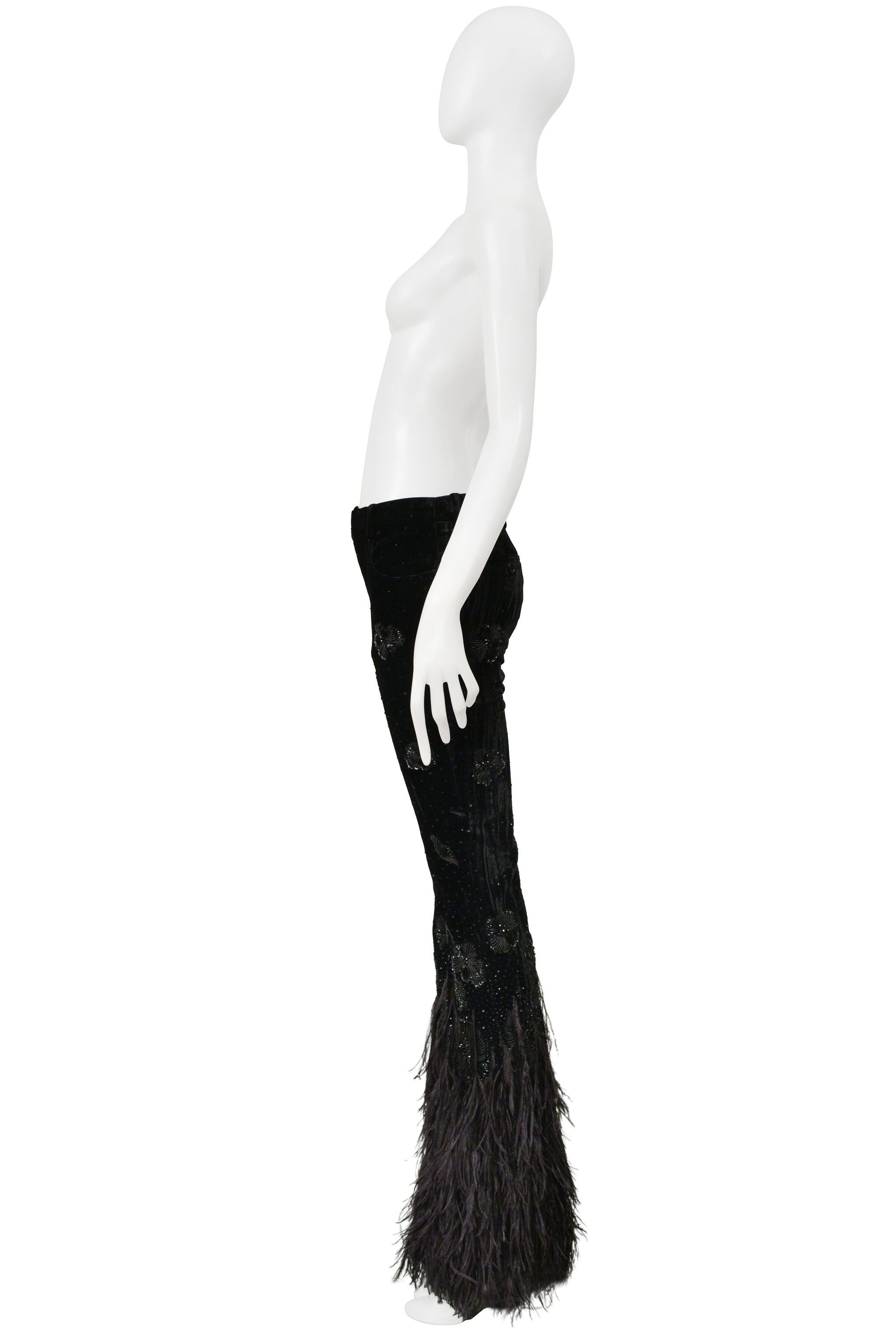 SAINT LAURENT PARIS BLACK VELVET AND FEATHER FLARE PANTS WITH INTRICATE BEADING 2022