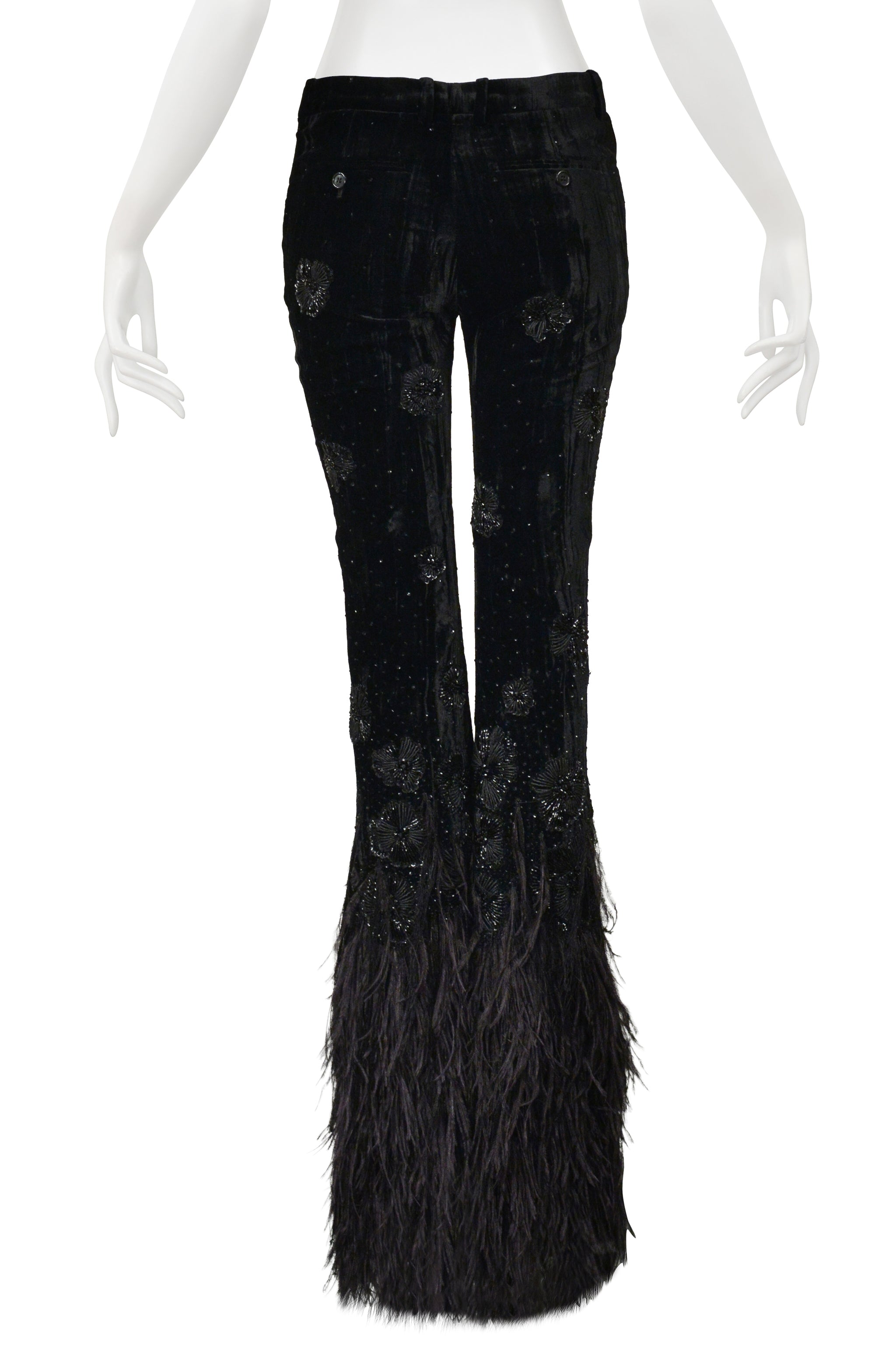 SAINT LAURENT PARIS BLACK VELVET AND FEATHER FLARE PANTS WITH INTRICATE BEADING 2022