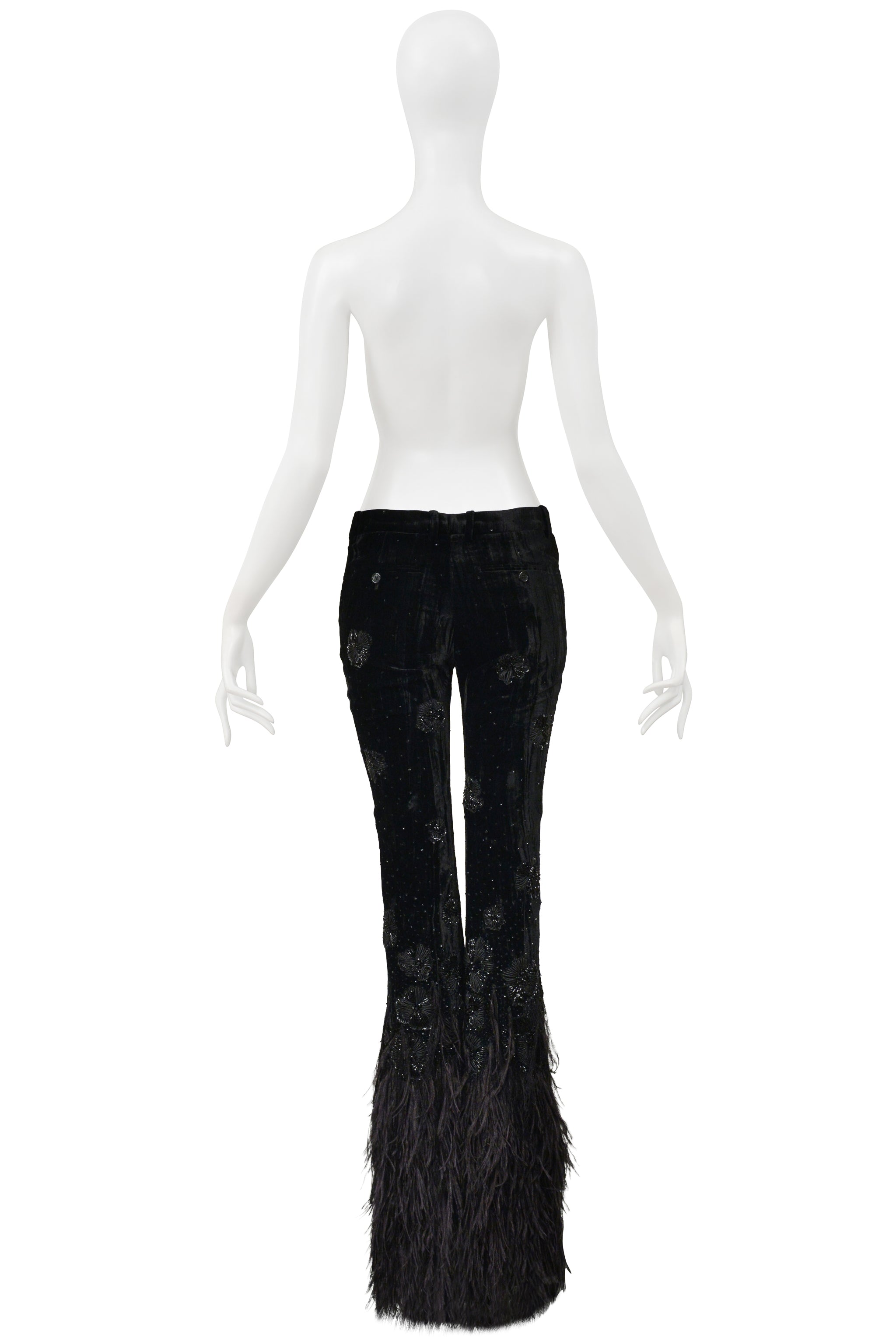 SAINT LAURENT PARIS BLACK VELVET AND FEATHER FLARE PANTS WITH INTRICATE BEADING 2022