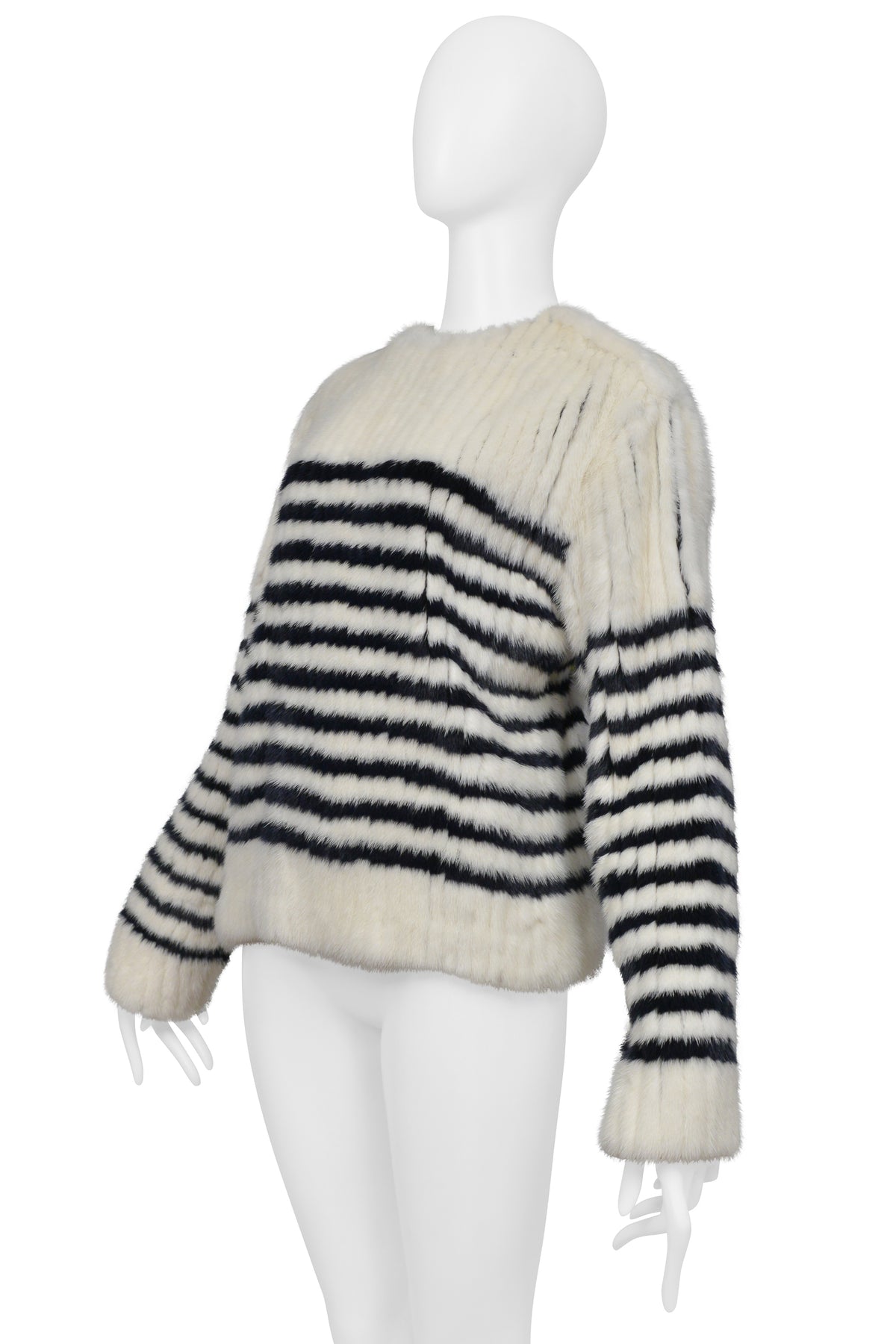 SAINT LAURENT PARIS WHITE FUR SWEATER WITH BLACK STRIPES AND SNAPS AT SHOULDER