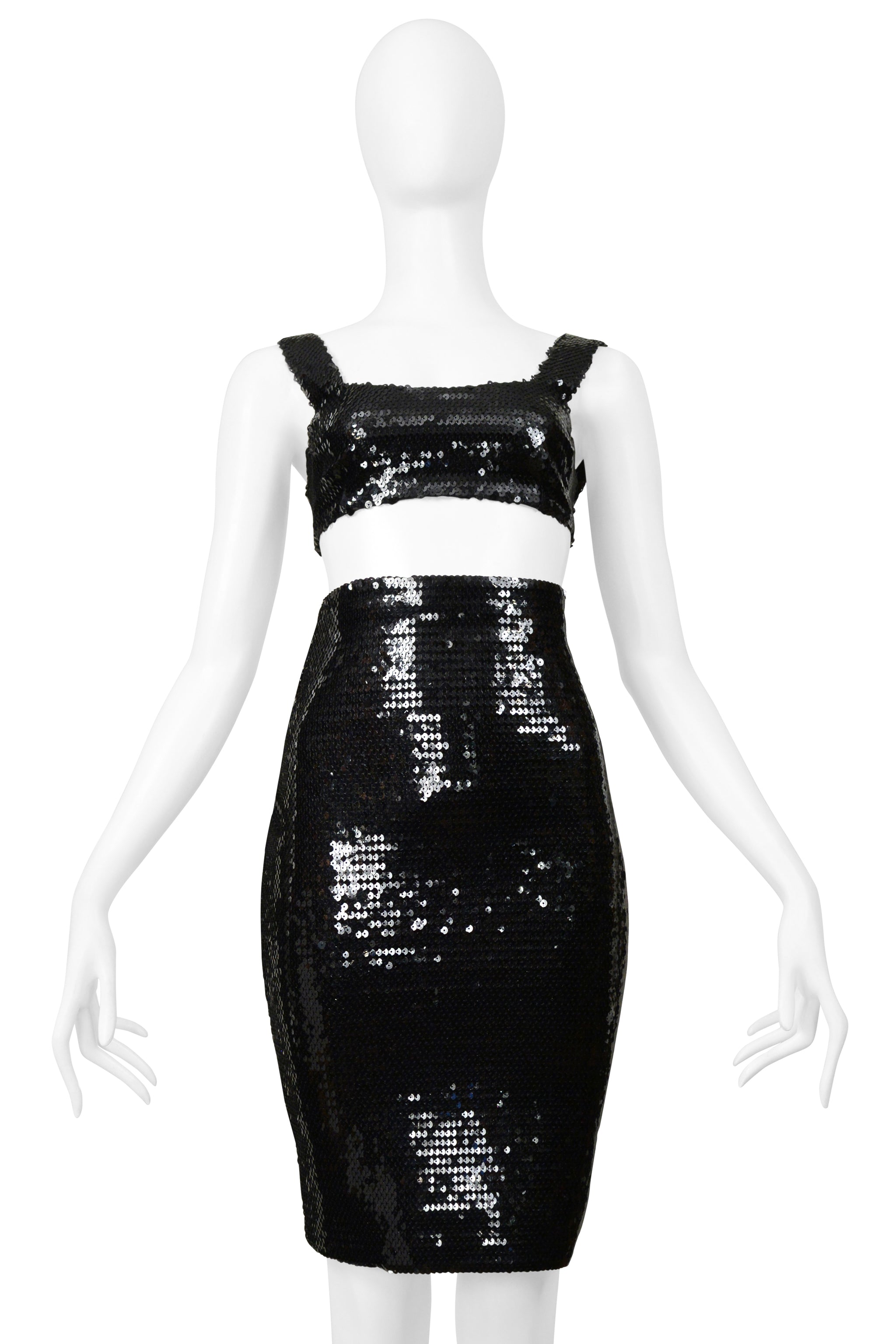 STEPHEN SPROUSE BLACK SEQUIN BRA TOP AND HIGH WAISTED SKIRT ENSEMBLE 1988