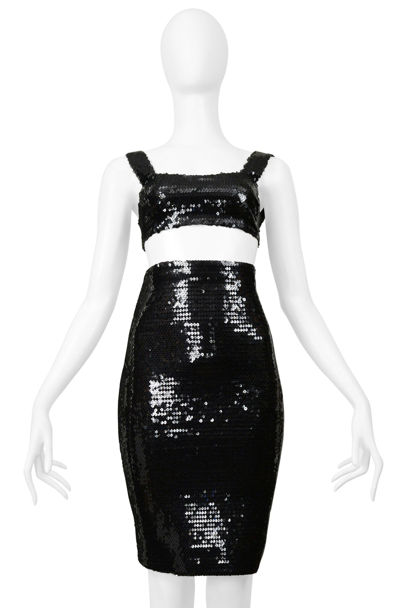 STEPHEN SPROUSE BLACK SEQUIN BRA TOP AND HIGH WAISTED SKIRT ENSEMBLE 1988