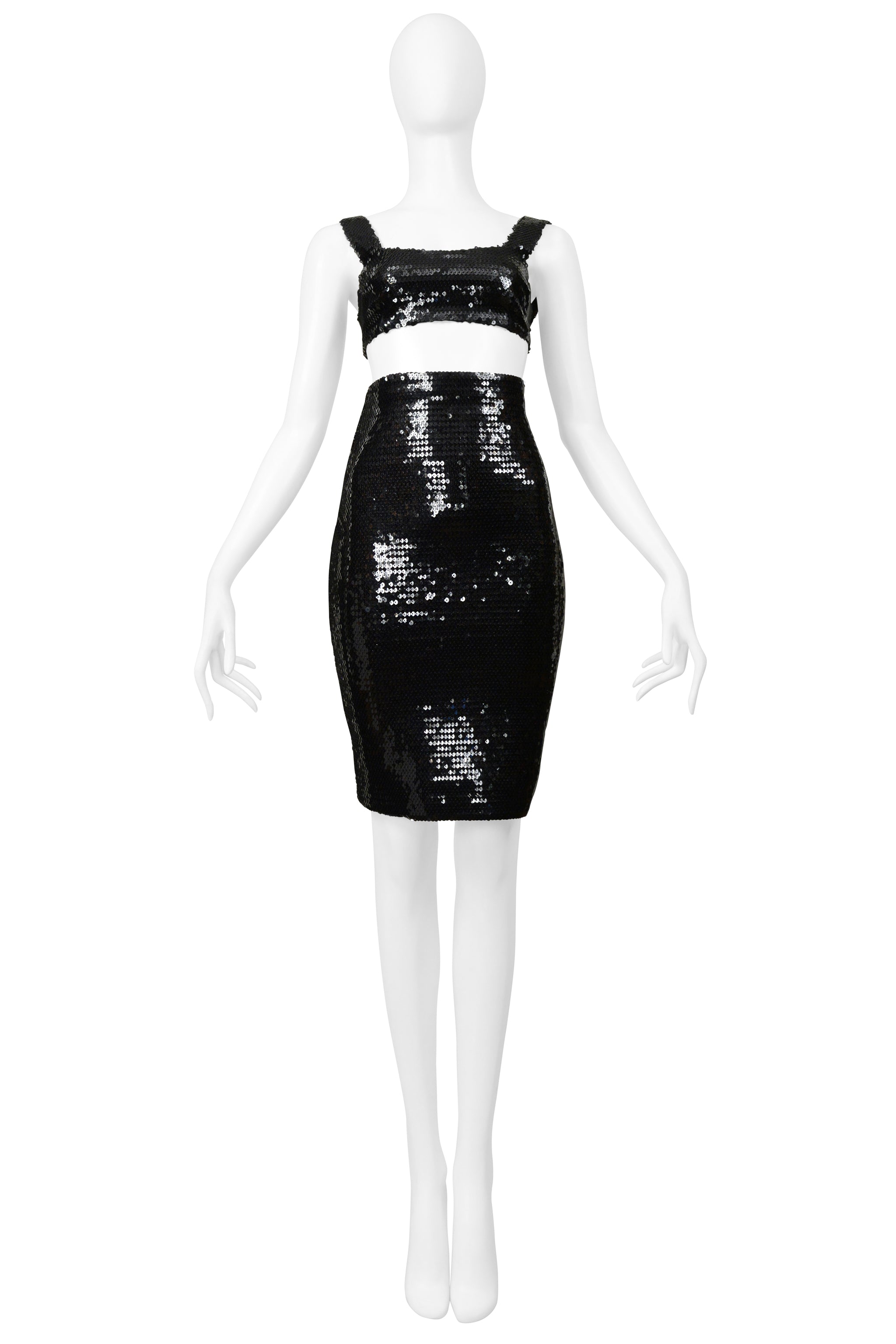 STEPHEN SPROUSE BLACK SEQUIN BRA TOP AND HIGH WAISTED SKIRT ENSEMBLE 1988
