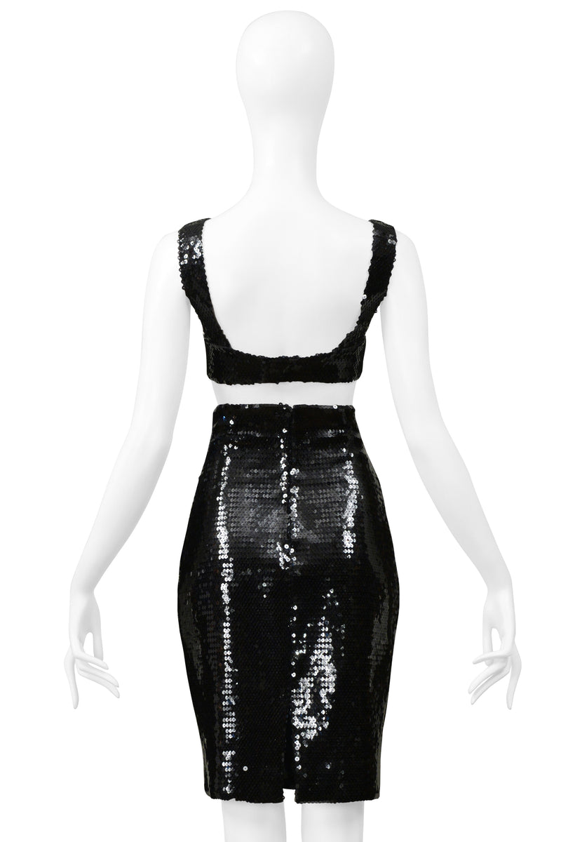 STEPHEN SPROUSE BLACK SEQUIN BRA TOP AND HIGH WAISTED SKIRT ENSEMBLE 1988