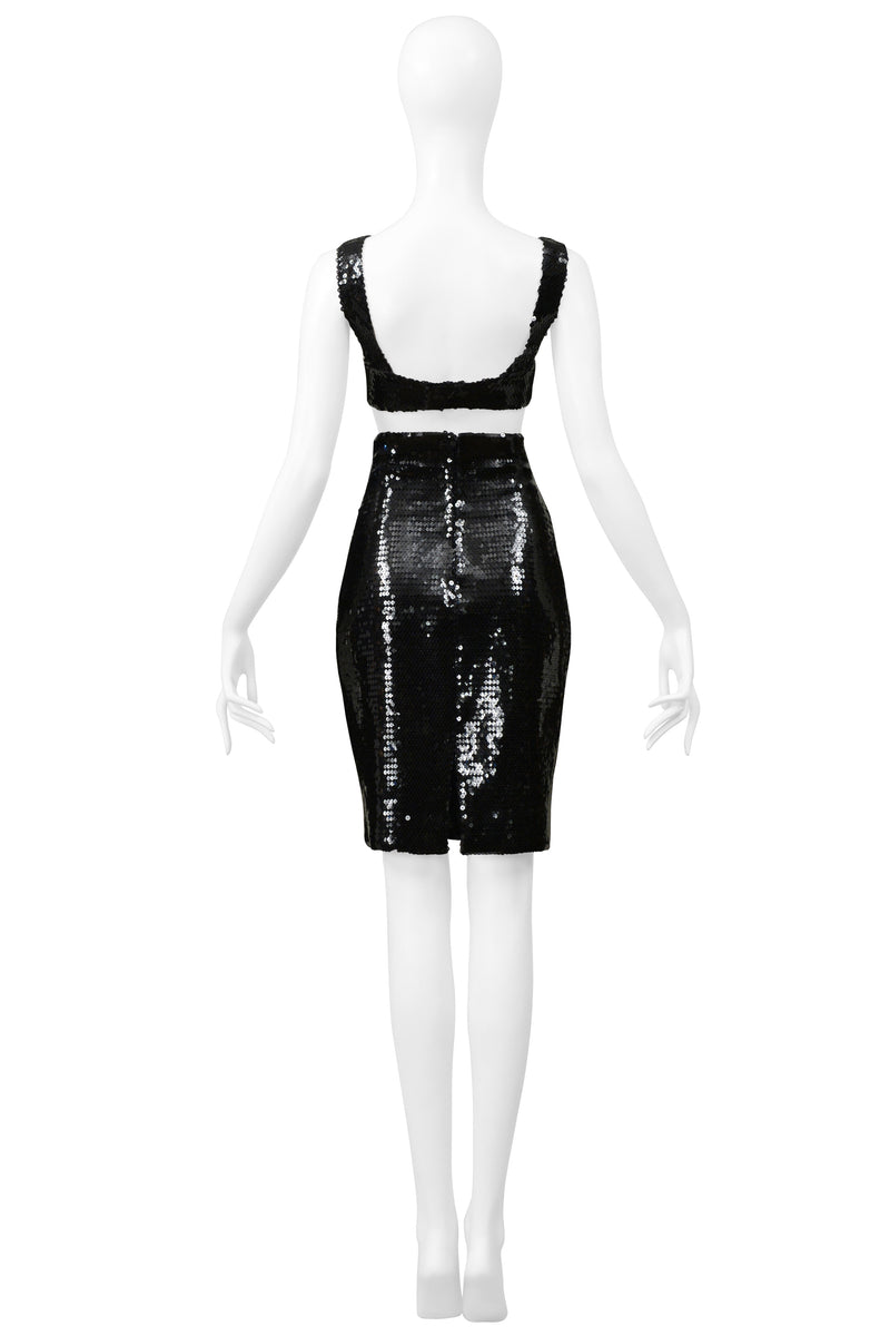 STEPHEN SPROUSE BLACK SEQUIN BRA TOP AND HIGH WAISTED SKIRT ENSEMBLE 1988