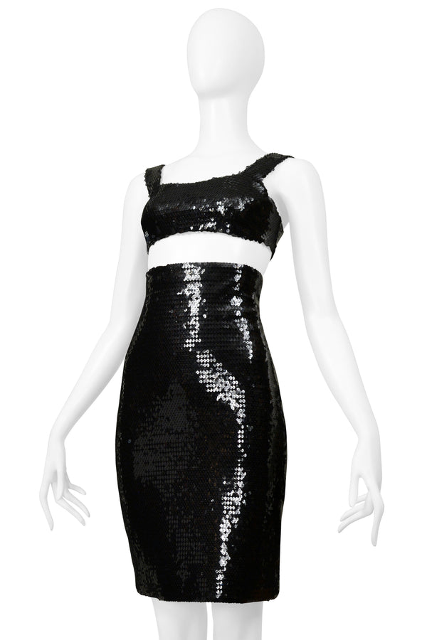 STEPHEN SPROUSE BLACK SEQUIN BRA TOP AND HIGH WAISTED SKIRT ENSEMBLE 1988