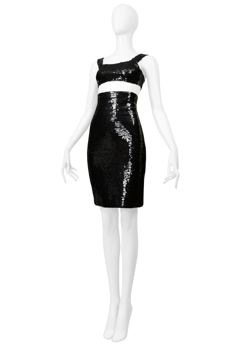 STEPHEN SPROUSE BLACK SEQUIN BRA TOP AND HIGH WAISTED SKIRT ENSEMBLE 1988