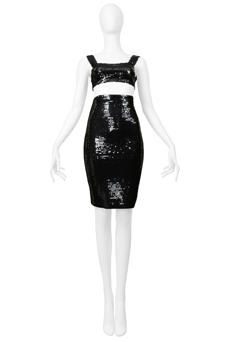 STEPHEN SPROUSE BLACK SEQUIN BRA TOP AND HIGH WAISTED SKIRT ENSEMBLE 1988