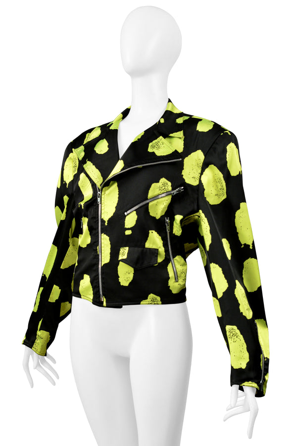 STEPHEN SPROUSE BLACK & NEON GREEN SATIN MOTORCYCLE JACKET 1988