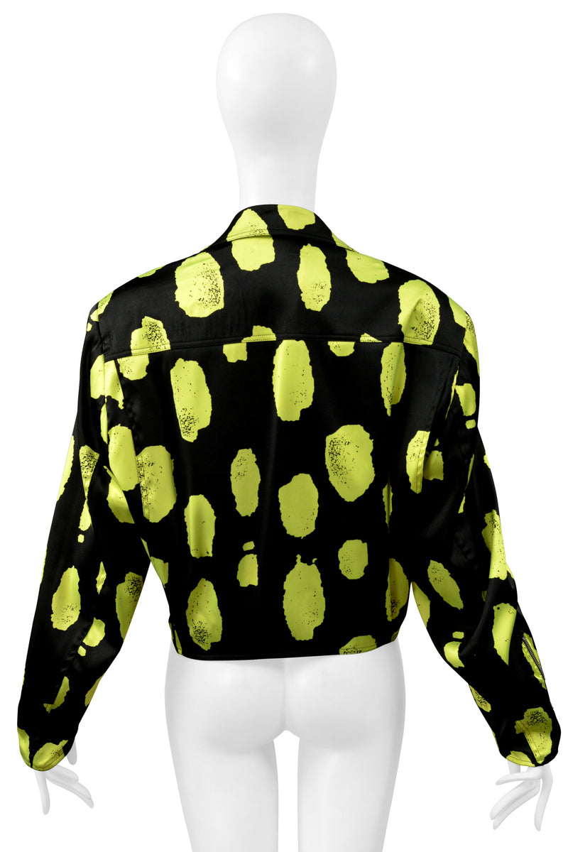 STEPHEN SPROUSE BLACK & NEON GREEN SATIN MOTORCYCLE JACKET 1988